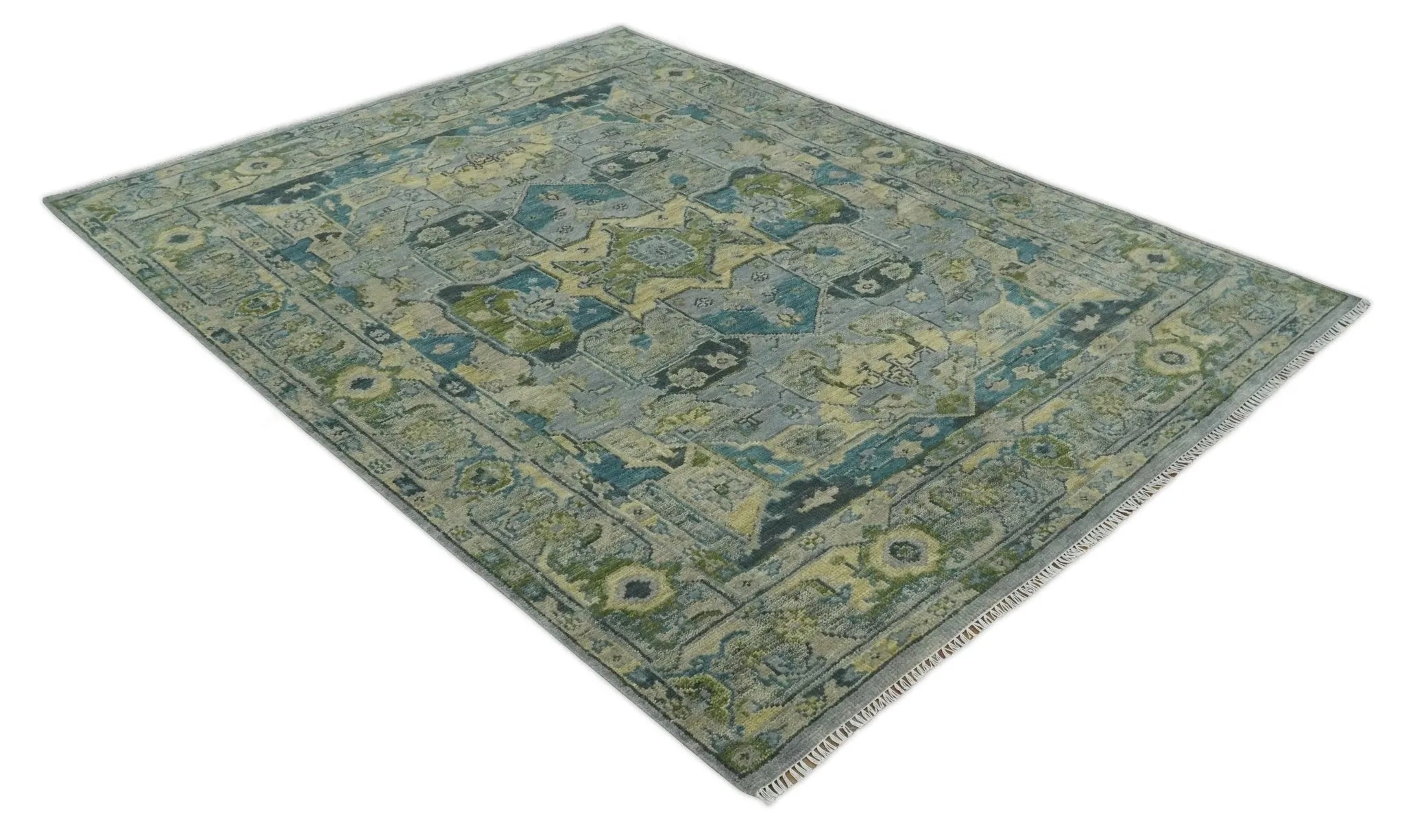 Custom Made Silver, Moss Green and Blue Heriz Traditional wool Area Rug