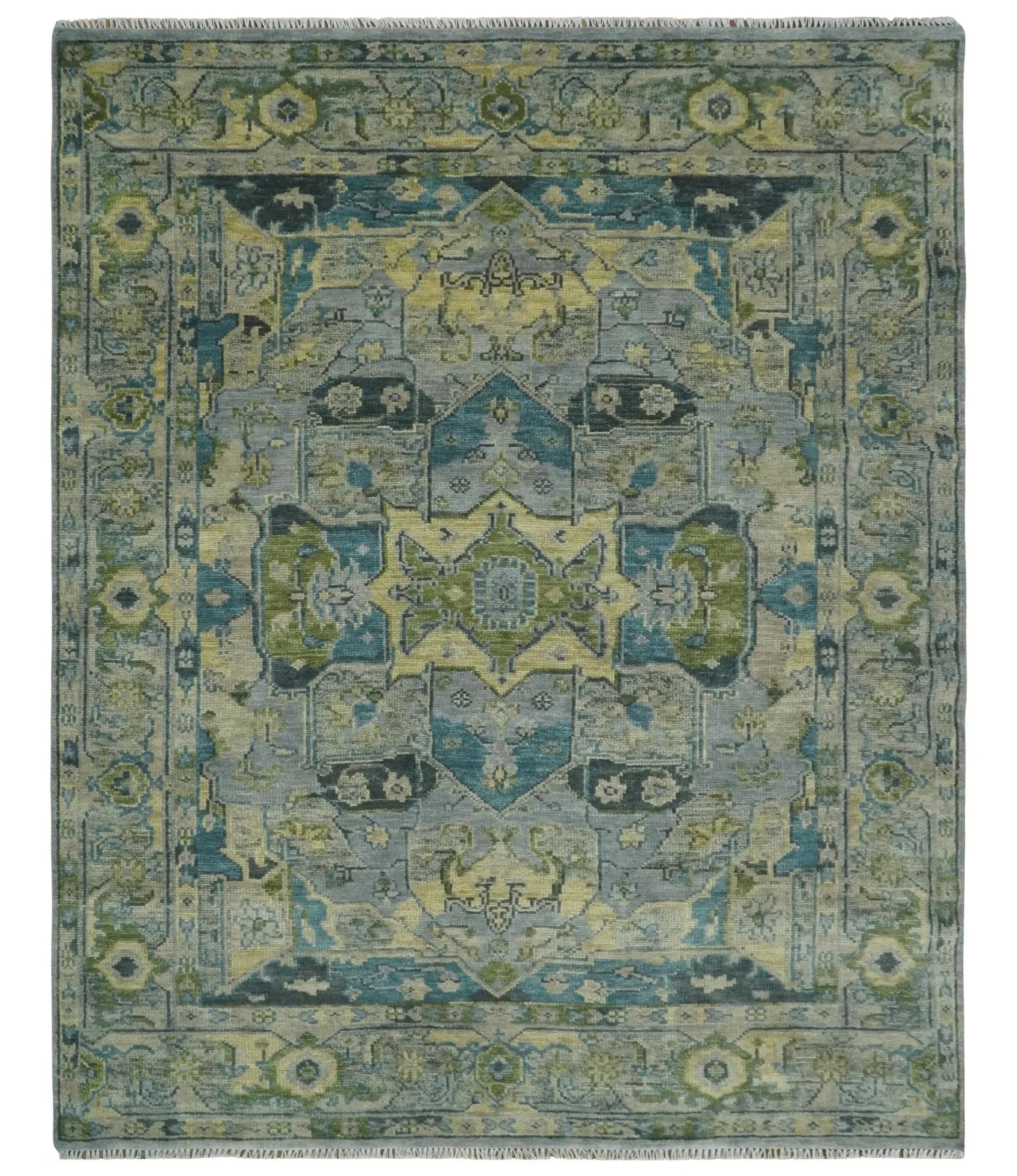 Custom Made Silver, Moss Green and Blue Heriz Traditional wool Area Rug