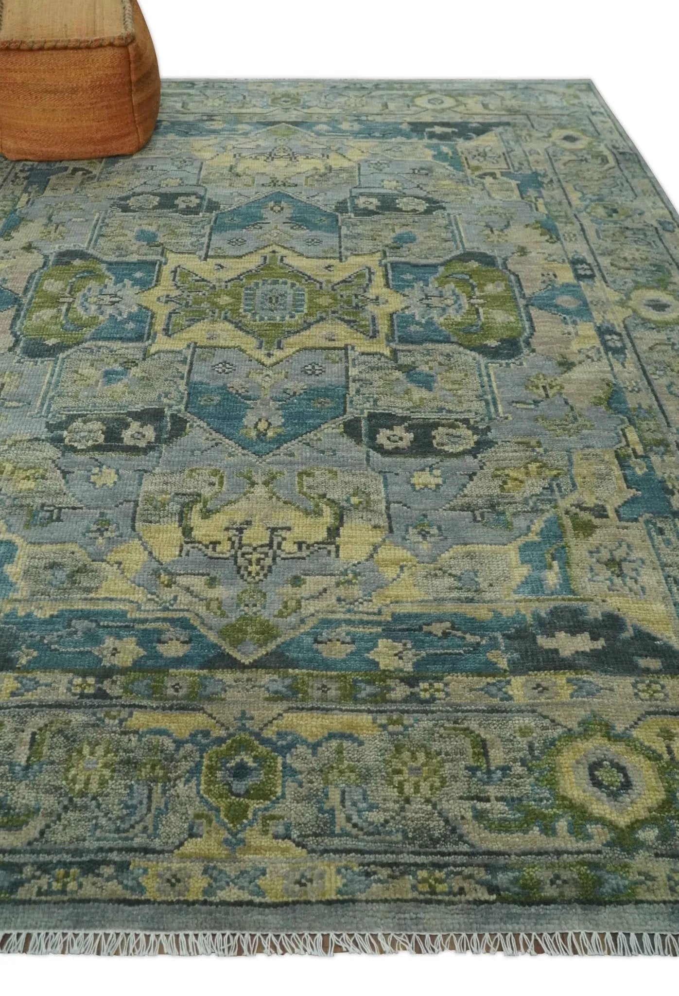 Custom Made Silver, Moss Green and Blue Heriz Traditional wool Area Rug