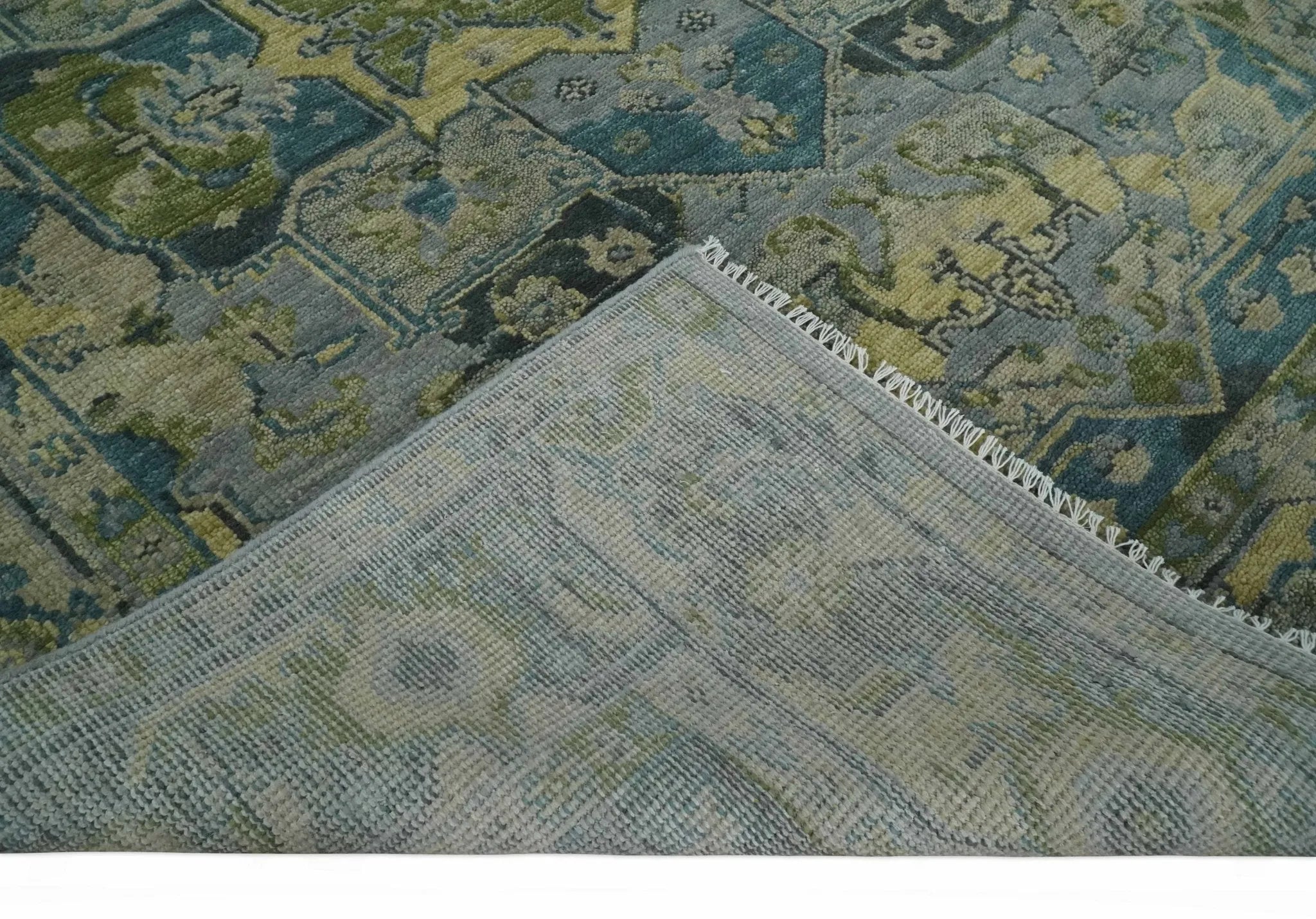 Custom Made Silver, Moss Green and Blue Heriz Traditional wool Area Rug