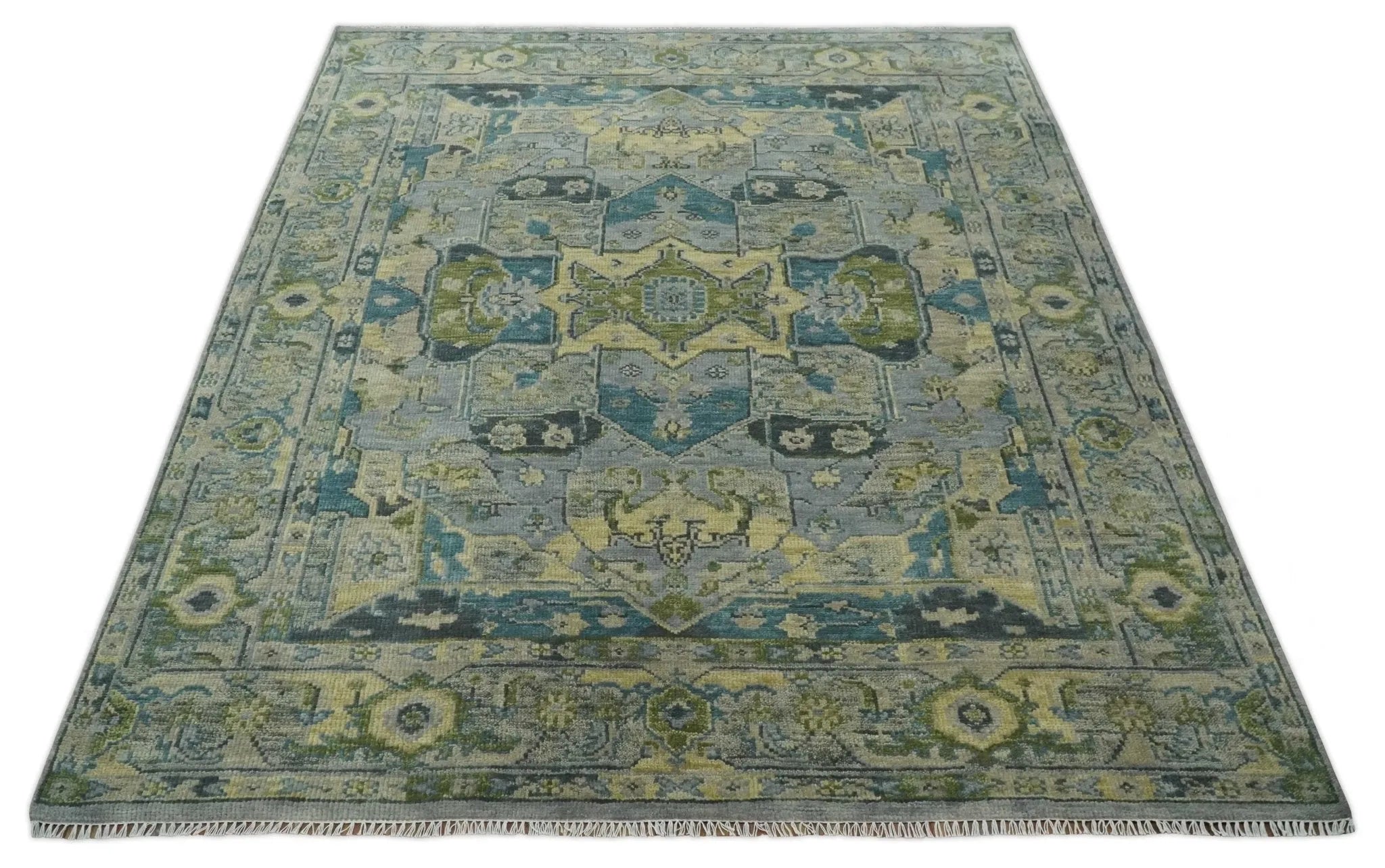 Custom Made Silver, Moss Green and Blue Heriz Traditional wool Area Rug