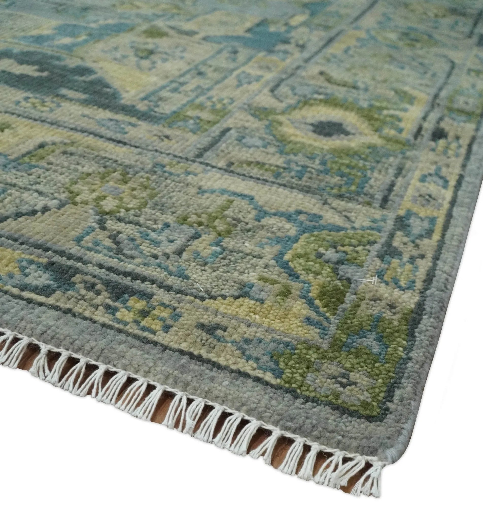 Custom Made Silver, Moss Green and Blue Heriz Traditional wool Area Rug