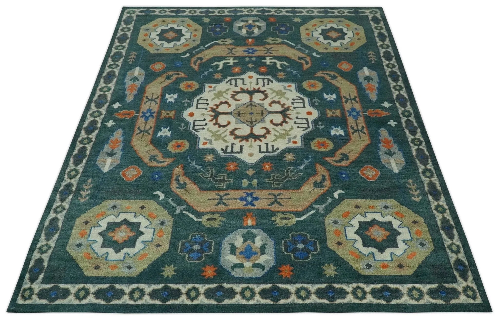 Custom Made Teal and Ivory Hand Knotted Traditional Mamluk Design wool Rug