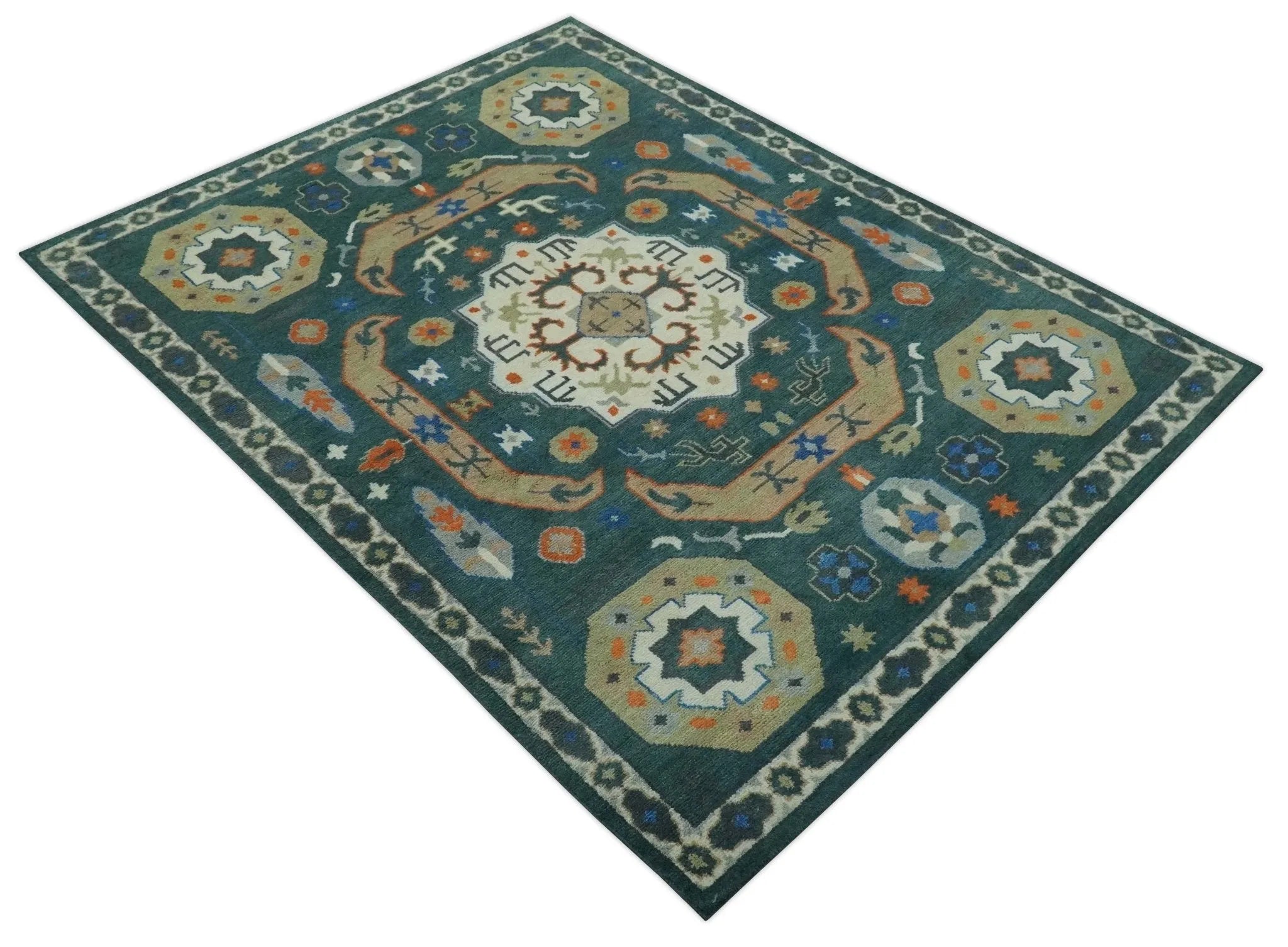 Custom Made Teal and Ivory Hand Knotted Traditional Mamluk Design wool Rug