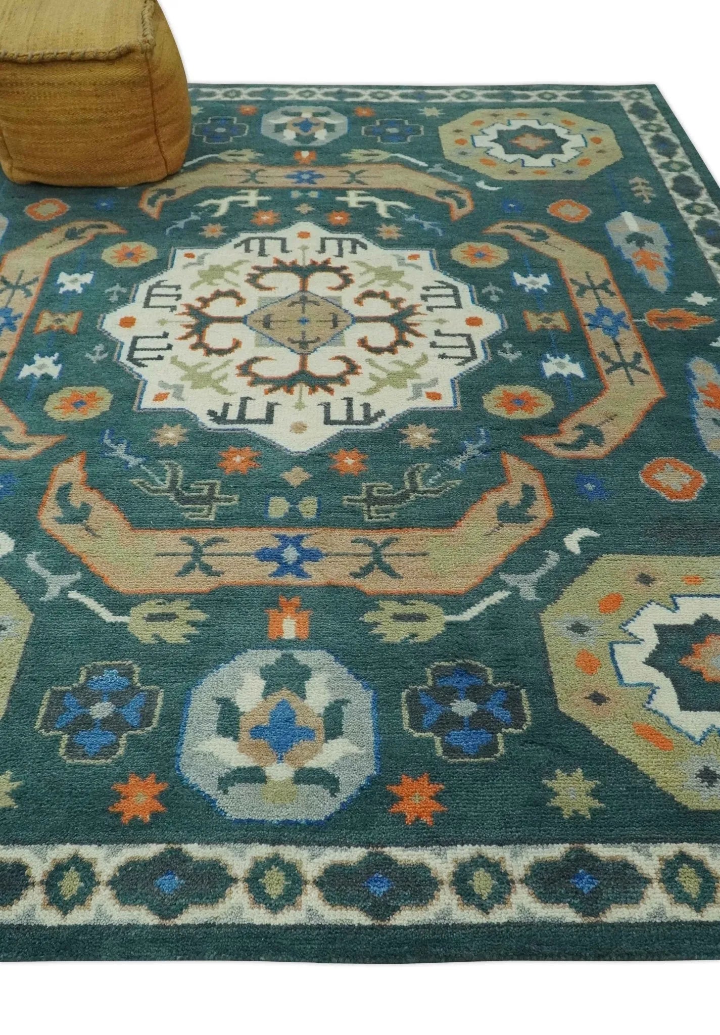 Custom Made Teal and Ivory Hand Knotted Traditional Mamluk Design wool Rug