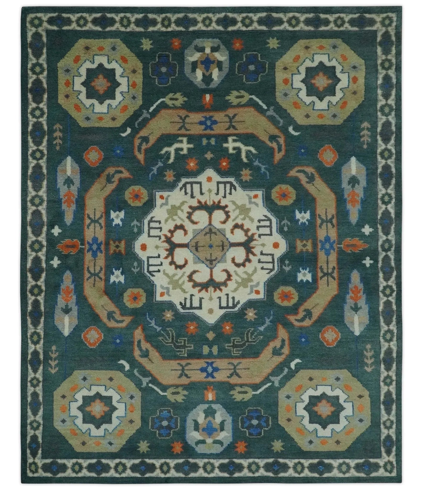 Custom Made Teal and Ivory Hand Knotted Traditional Mamluk Design wool Rug