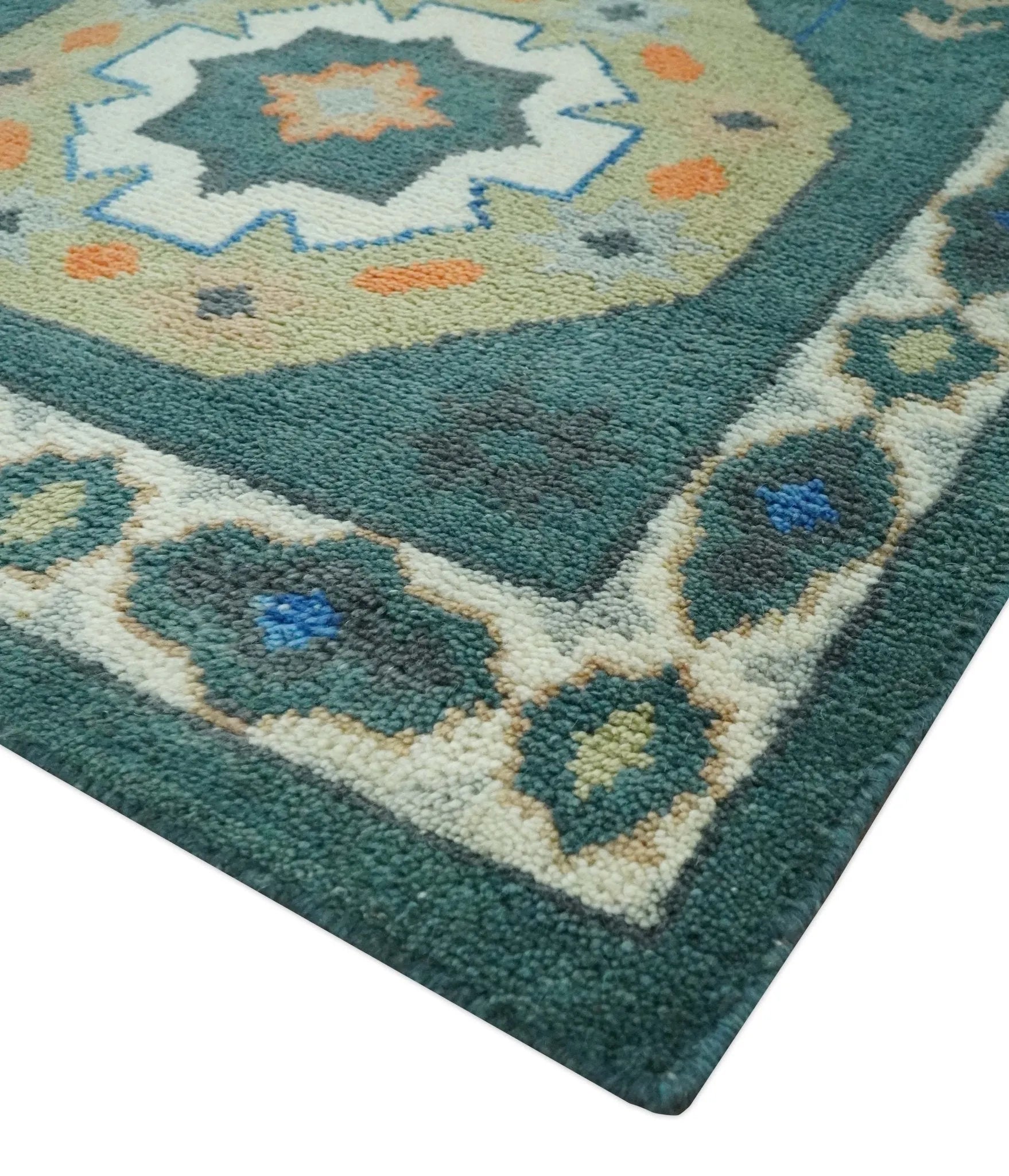 Custom Made Teal and Ivory Hand Knotted Traditional Mamluk Design wool Rug