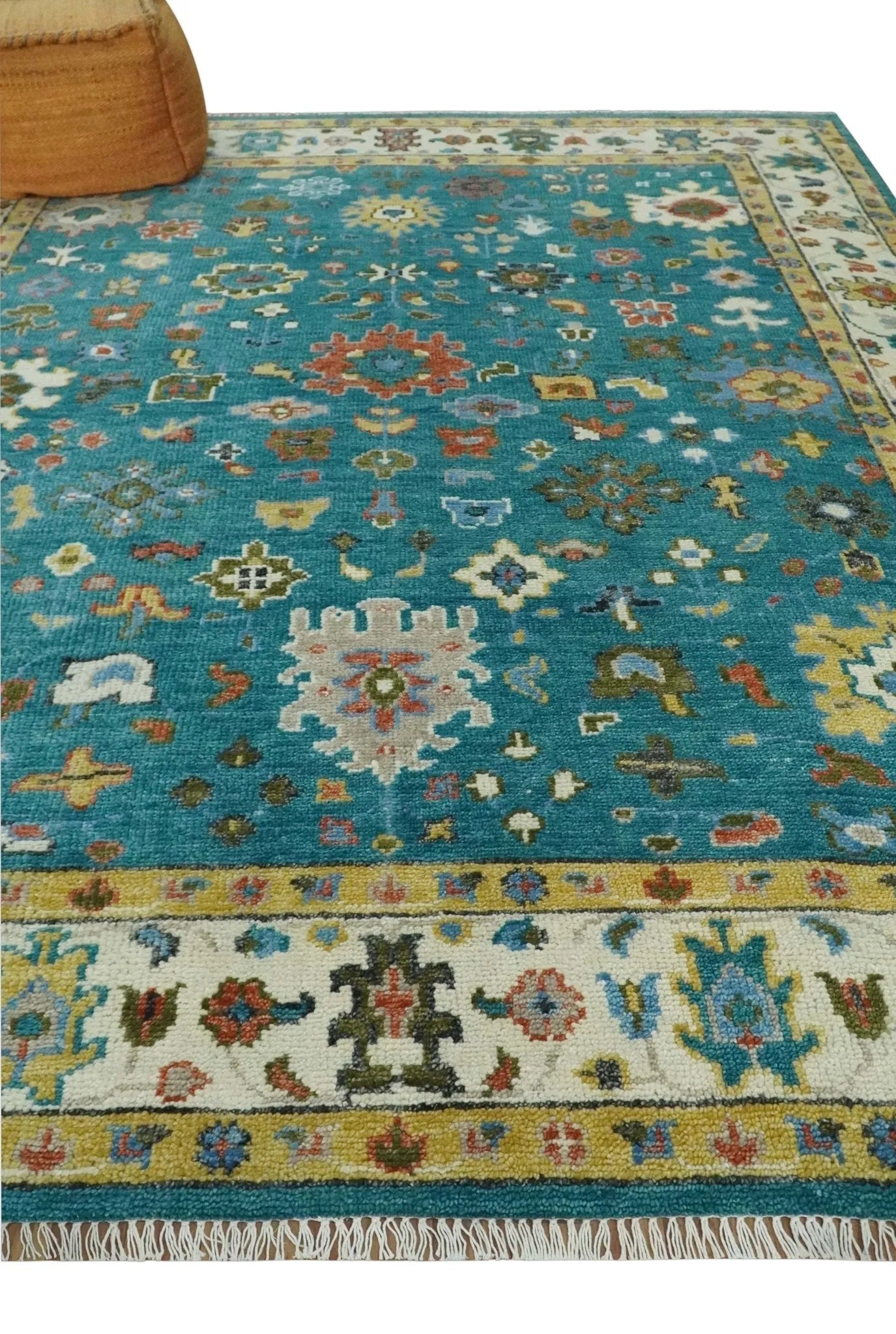 Custom Made Teal and Ivory Hand knotted Traditional Oushak wool Area Rug