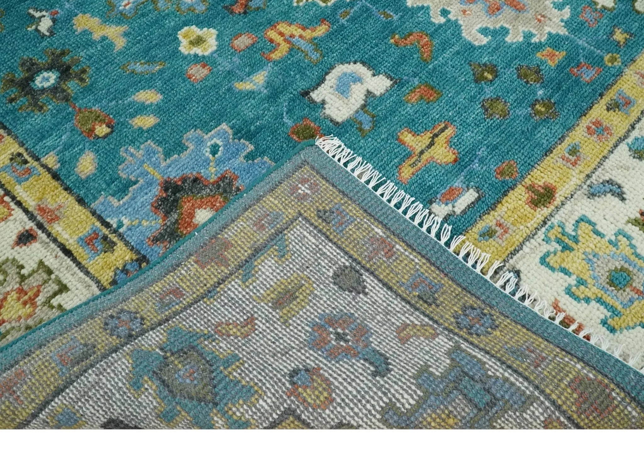 Custom Made Teal and Ivory Hand knotted Traditional Oushak wool Area Rug