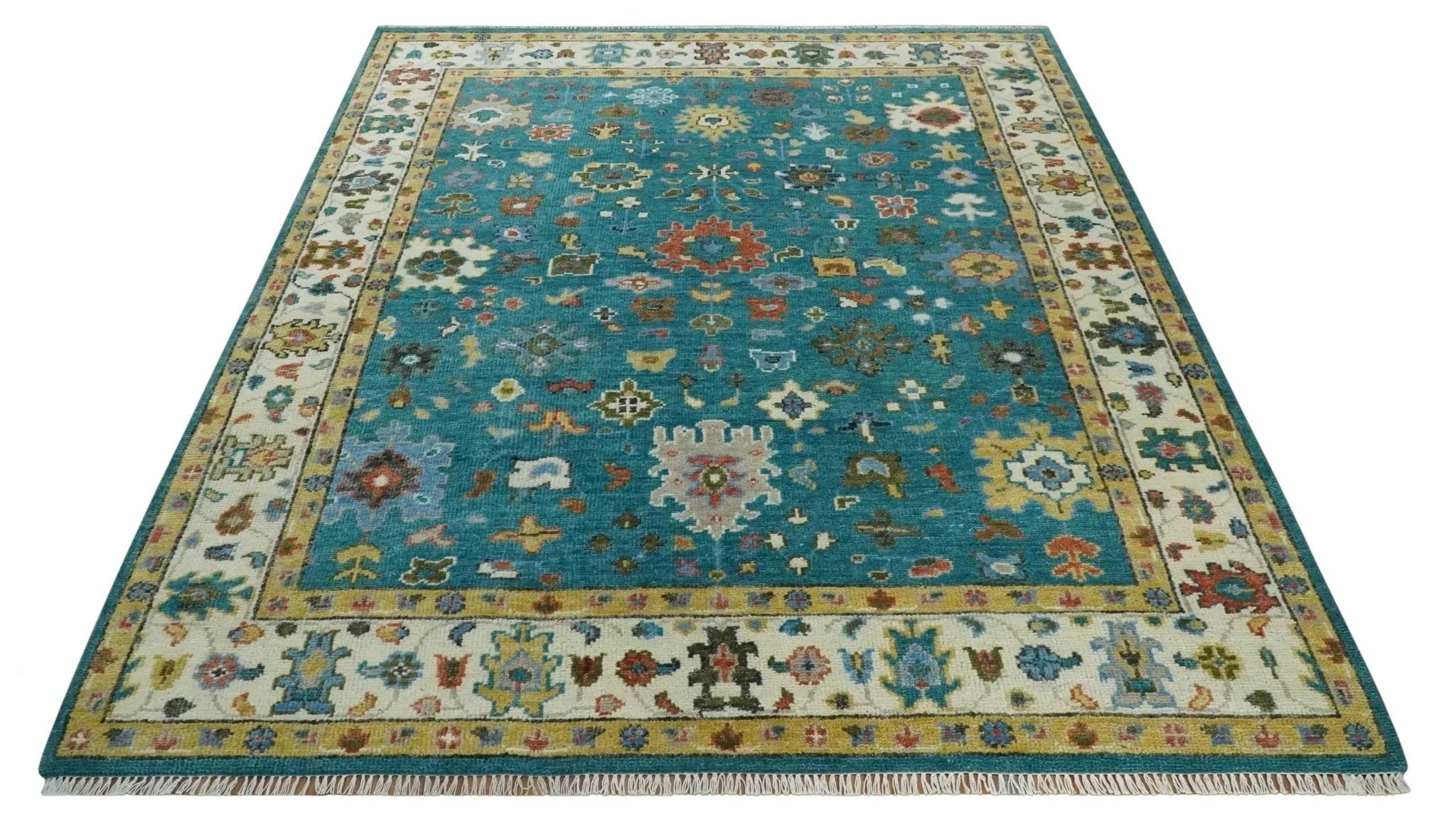 Custom Made Teal and Ivory Hand knotted Traditional Oushak wool Area Rug