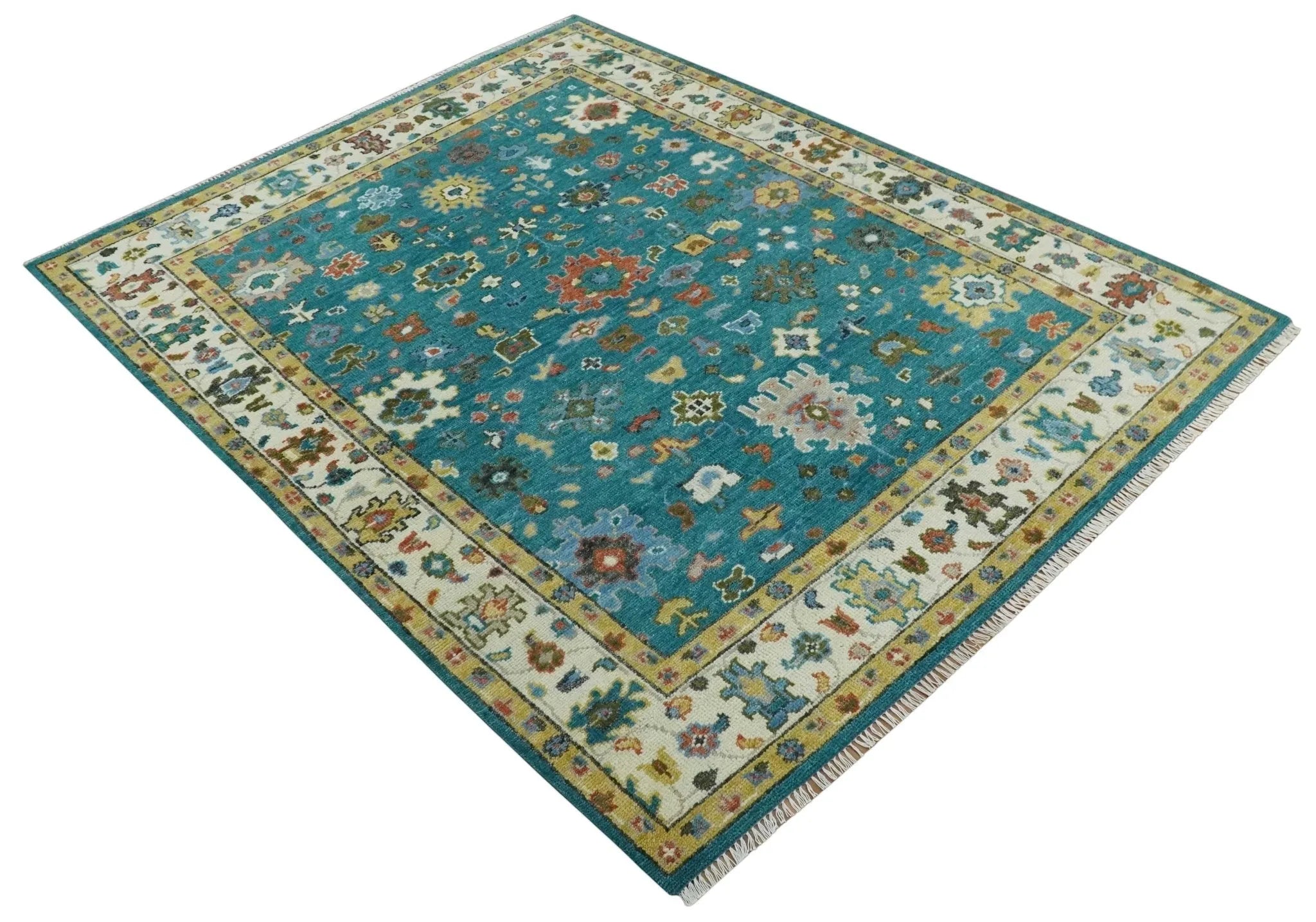 Custom Made Teal and Ivory Hand knotted Traditional Oushak wool Area Rug