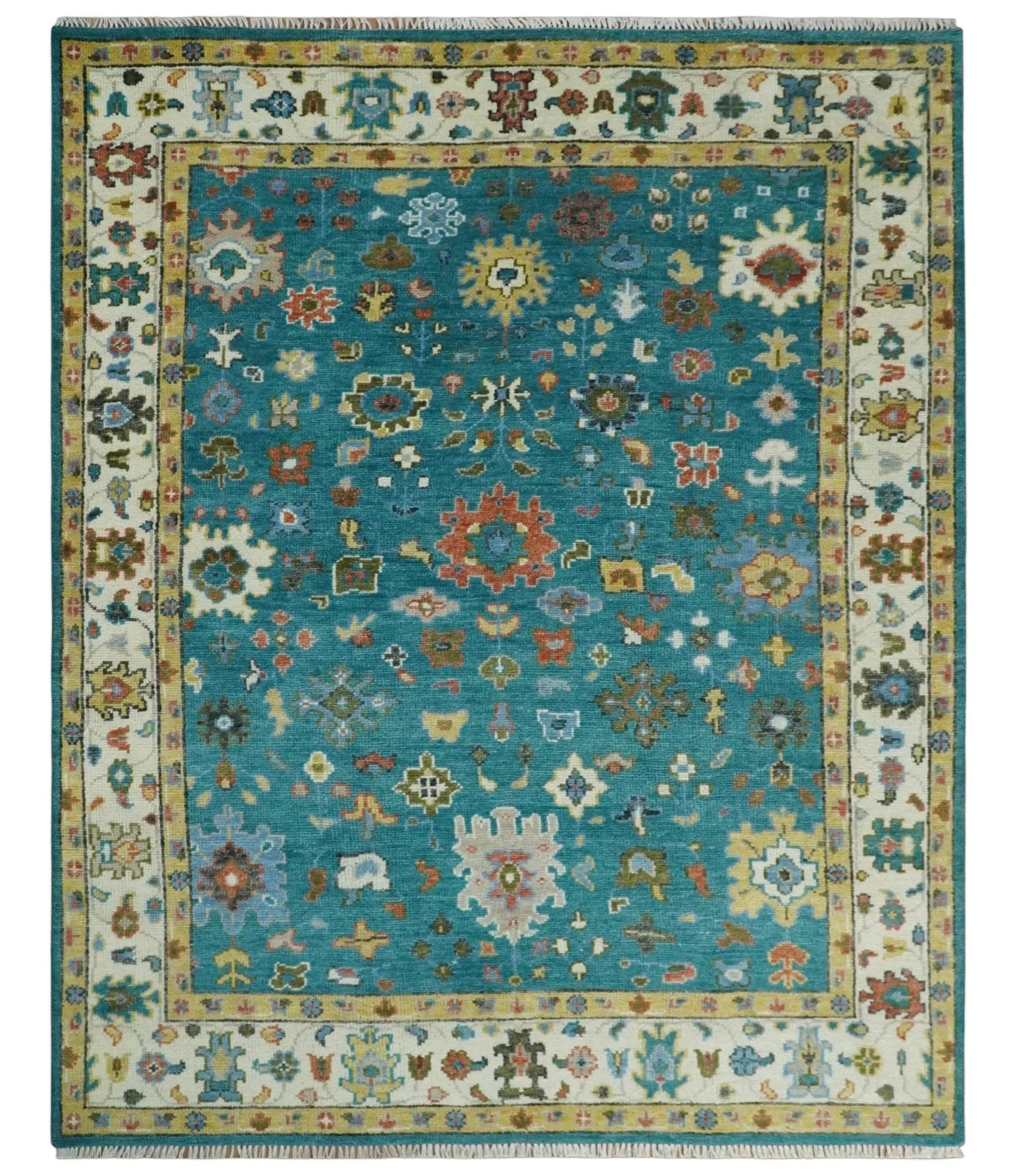 Custom Made Teal and Ivory Hand knotted Traditional Oushak wool Area Rug