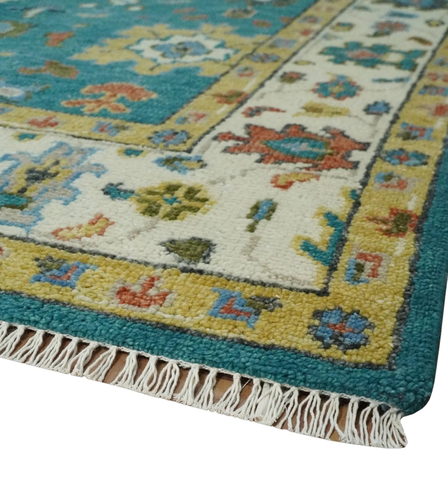 Custom Made Teal and Ivory Hand knotted Traditional Oushak wool Area Rug