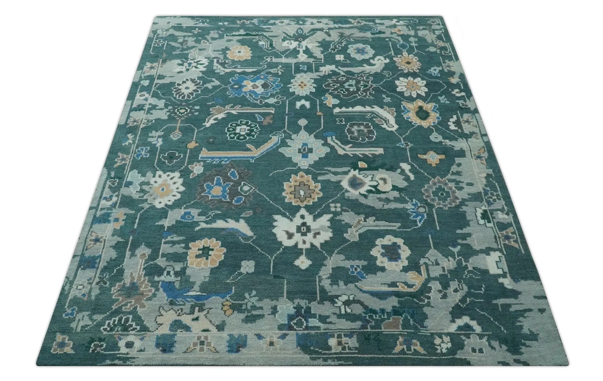 Custom Made Teal and Silver Traditional Oriental Oushak wool Area Rug