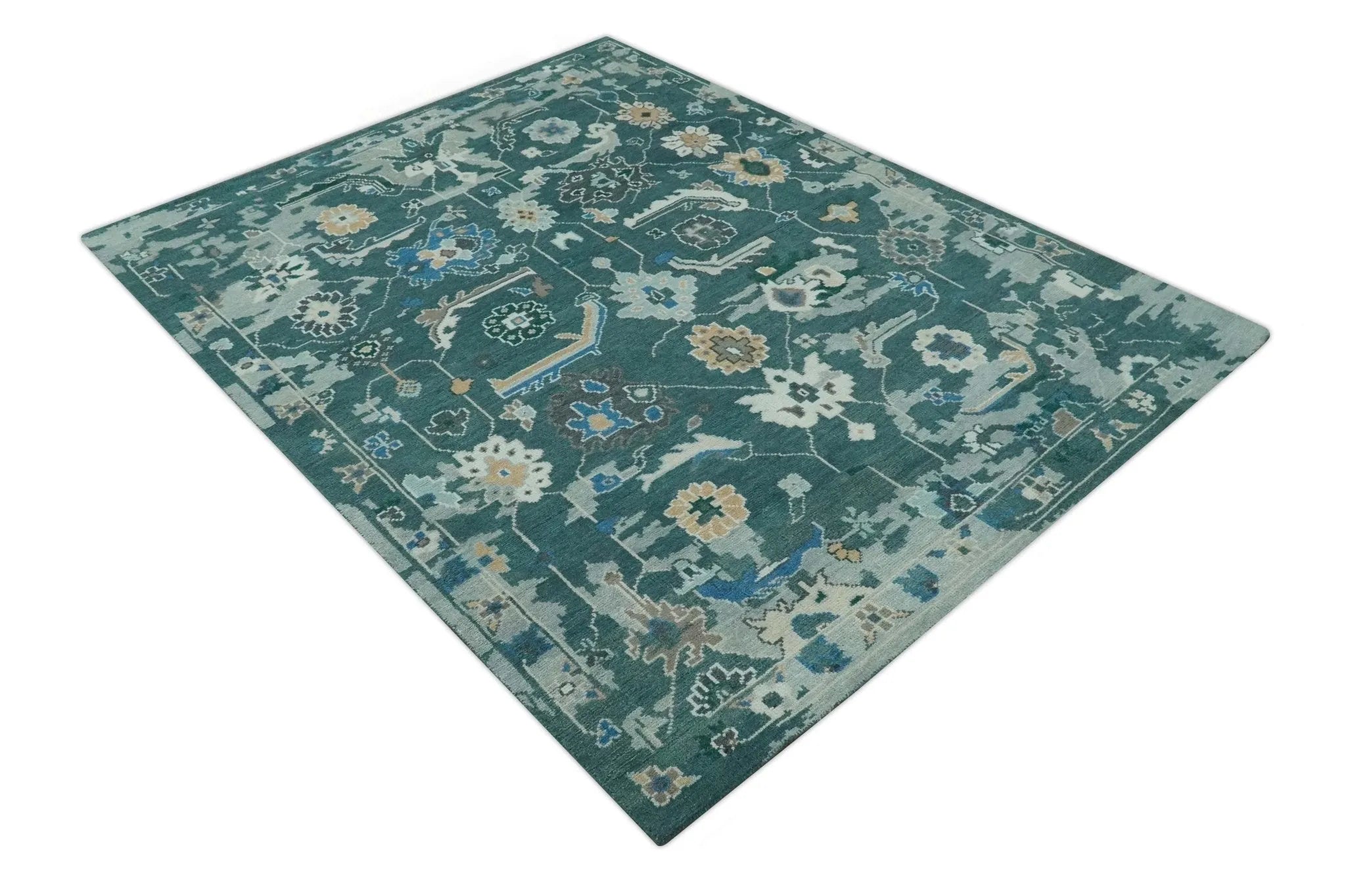 Custom Made Teal and Silver Traditional Oriental Oushak wool Area Rug