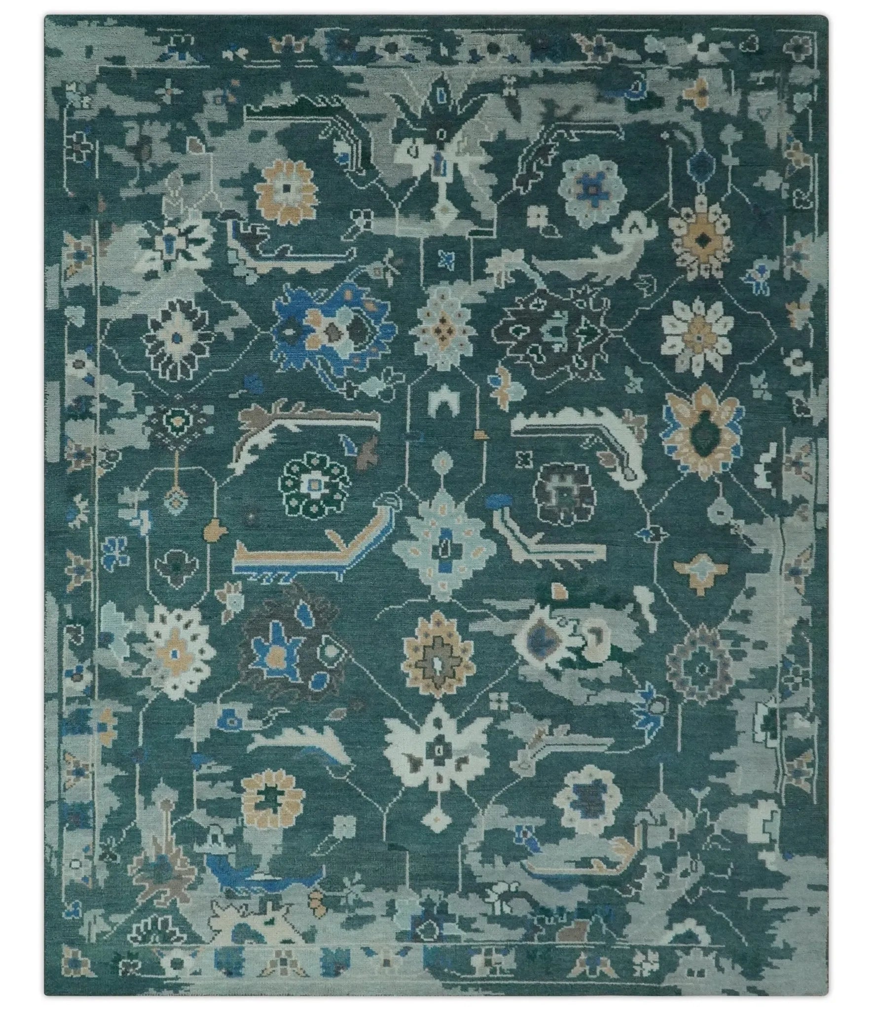 Custom Made Teal and Silver Traditional Oriental Oushak wool Area Rug