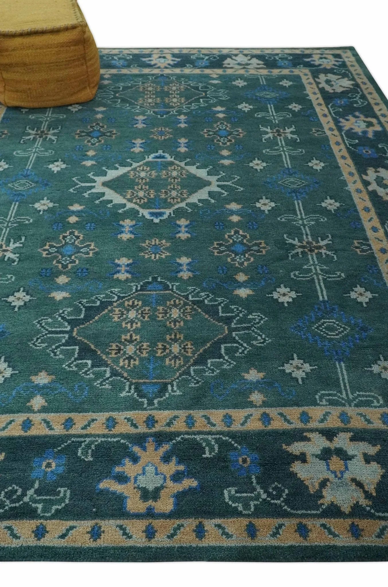 Custom Made Teal, Blue, Peach and Silver Hand Knotted Traditional Heriz wool Area Rug