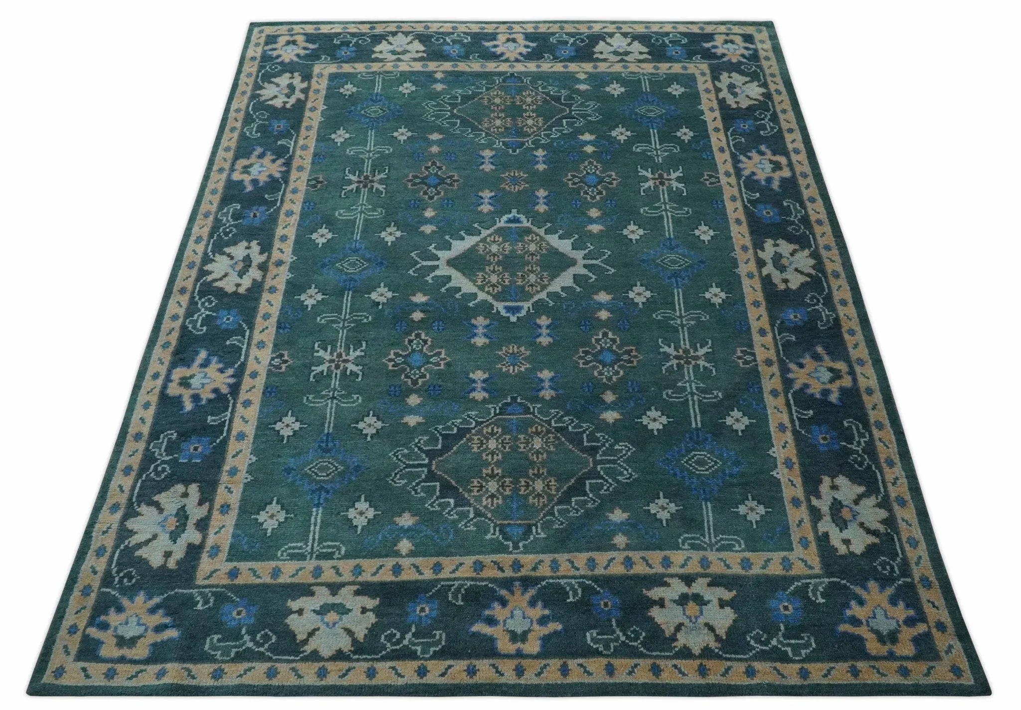 Custom Made Teal, Blue, Peach and Silver Hand Knotted Traditional Heriz wool Area Rug