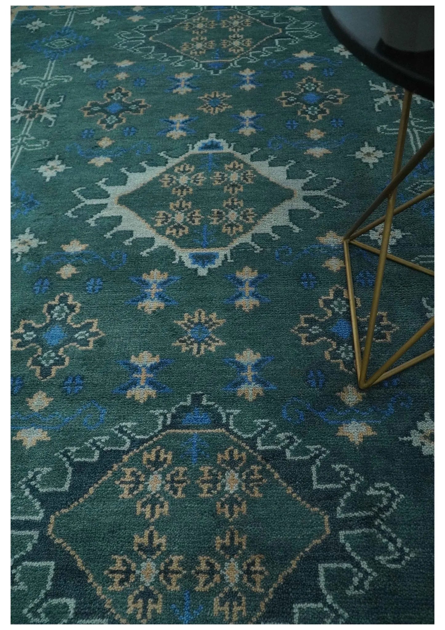 Custom Made Teal, Blue, Peach and Silver Hand Knotted Traditional Heriz wool Area Rug