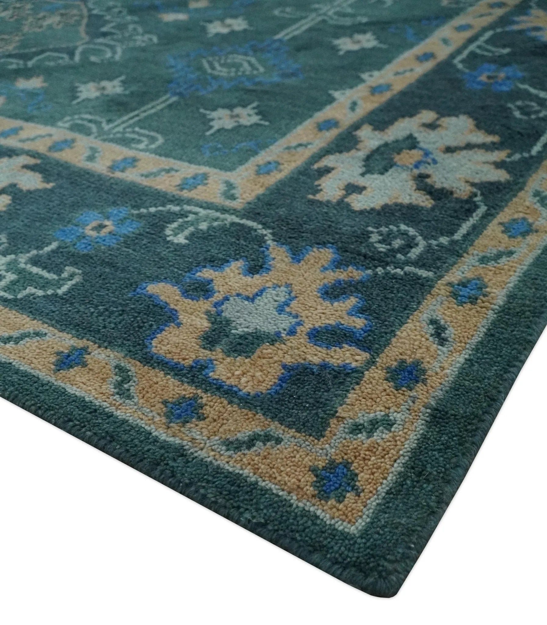 Custom Made Teal, Blue, Peach and Silver Hand Knotted Traditional Heriz wool Area Rug