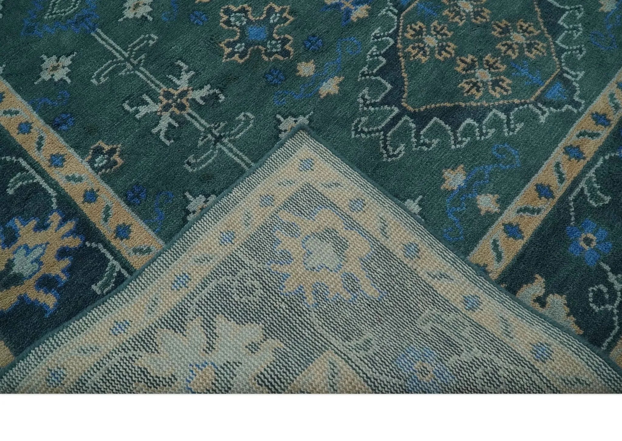 Custom Made Teal, Blue, Peach and Silver Hand Knotted Traditional Heriz wool Area Rug