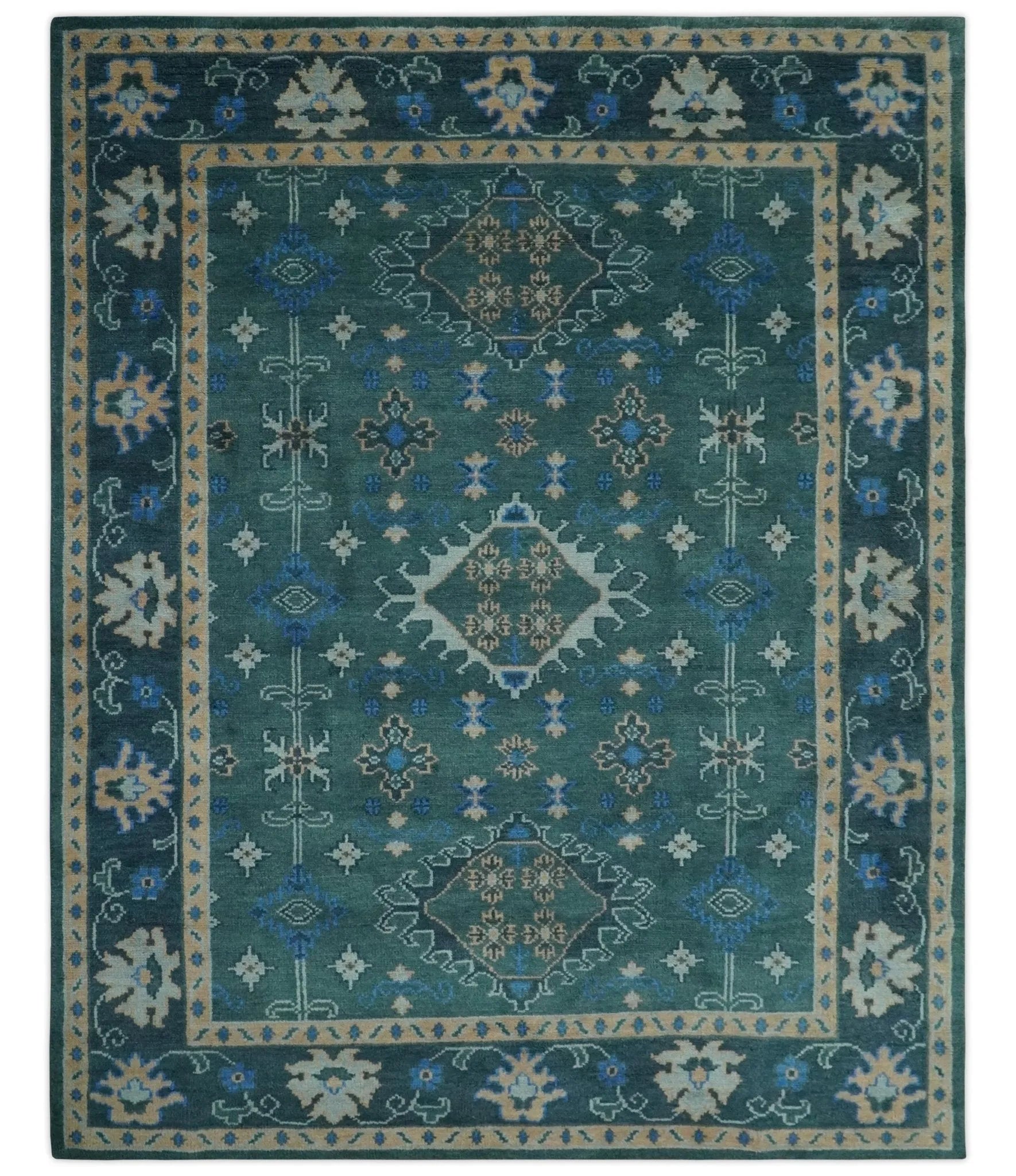 Custom Made Teal, Blue, Peach and Silver Hand Knotted Traditional Heriz wool Area Rug