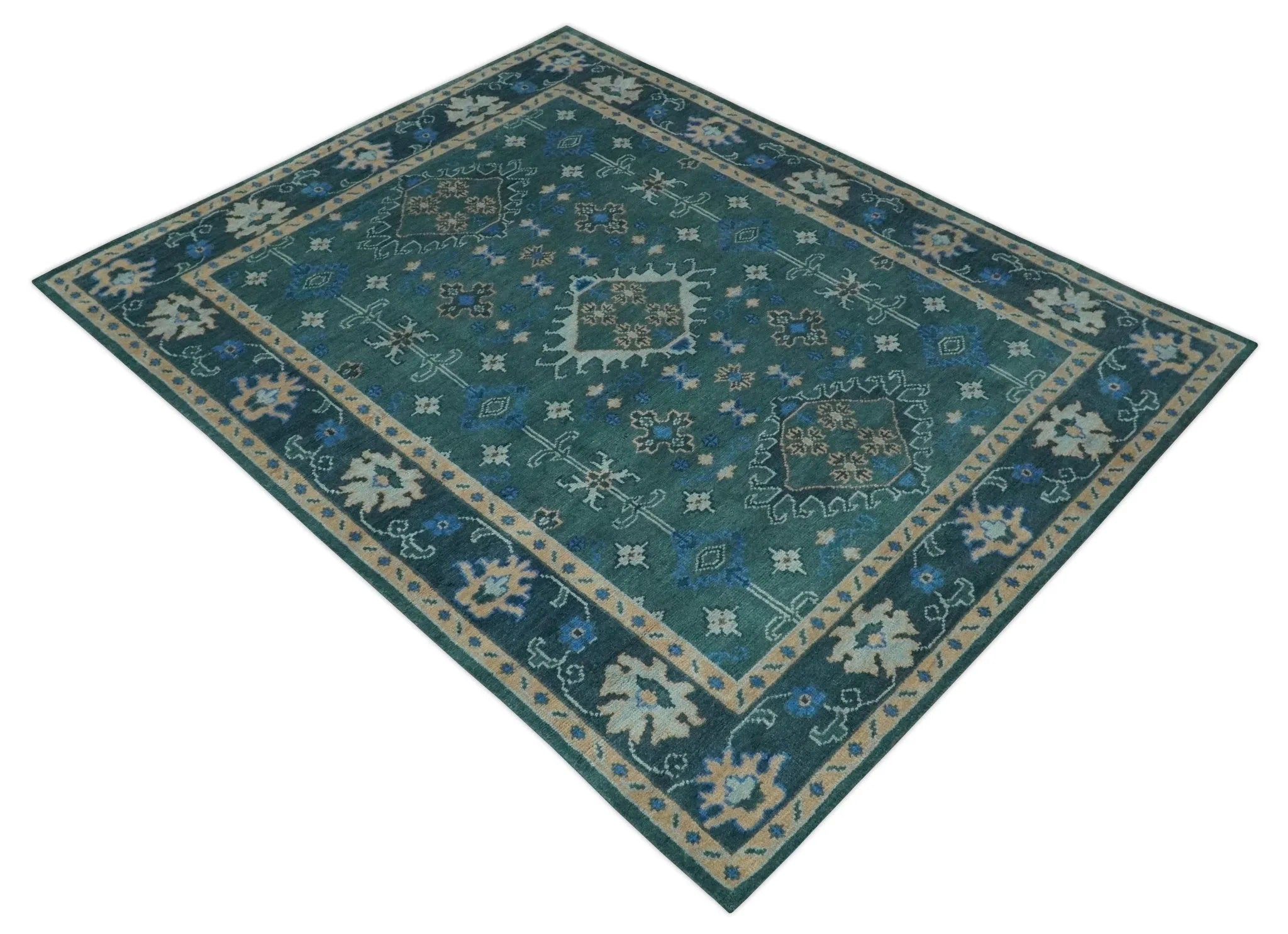 Custom Made Teal, Blue, Peach and Silver Hand Knotted Traditional Heriz wool Area Rug