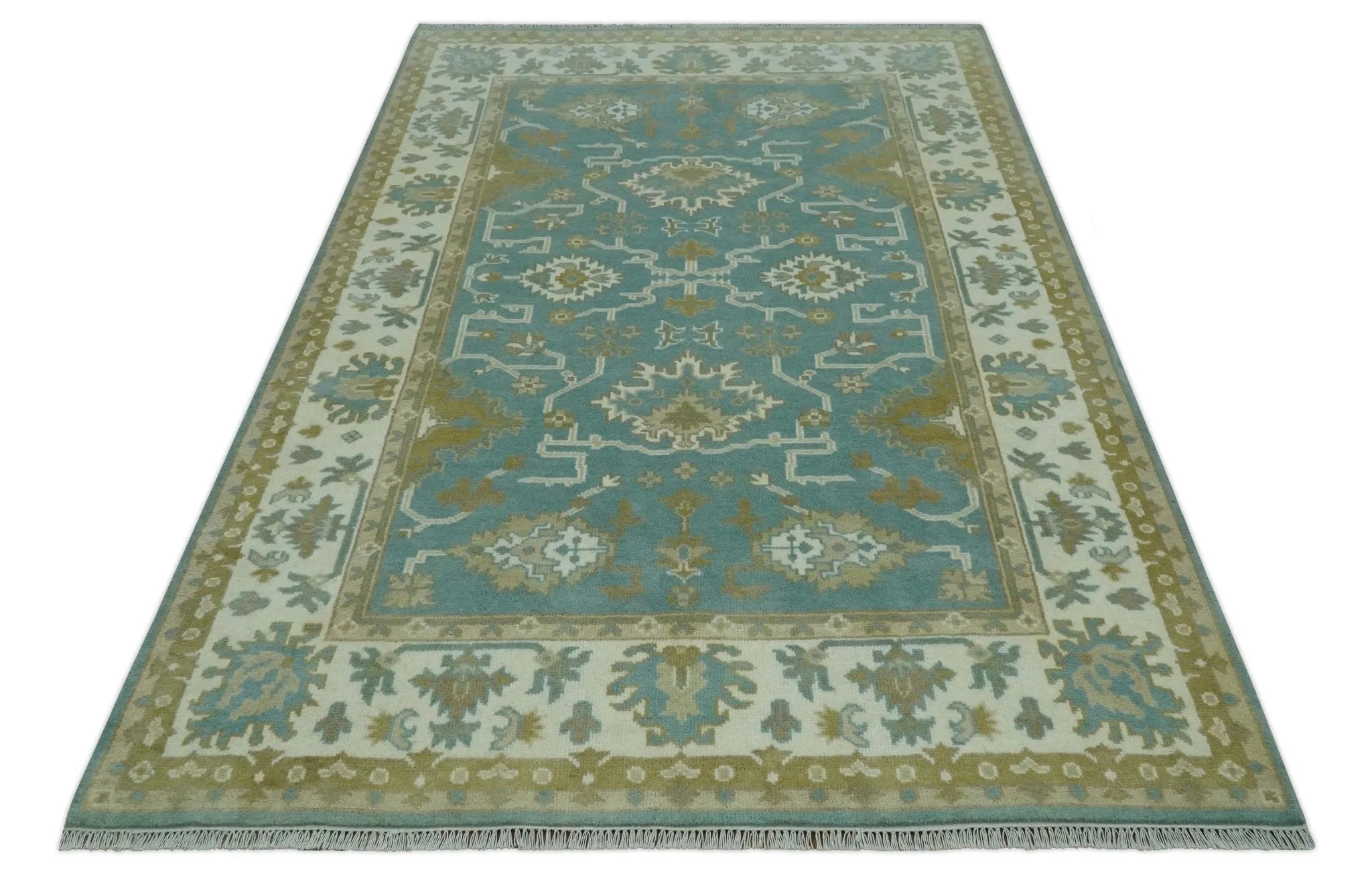 Custom Made Teal, Ivory and Olive Hand Knotted Traditional Oriental Oushak wool rug