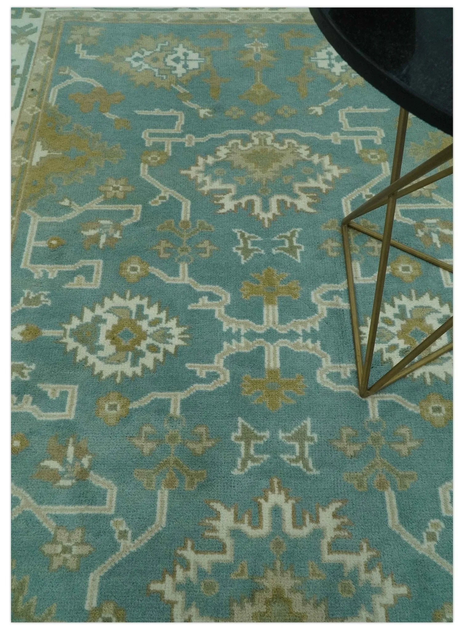 Custom Made Teal, Ivory and Olive Hand Knotted Traditional Oriental Oushak wool rug