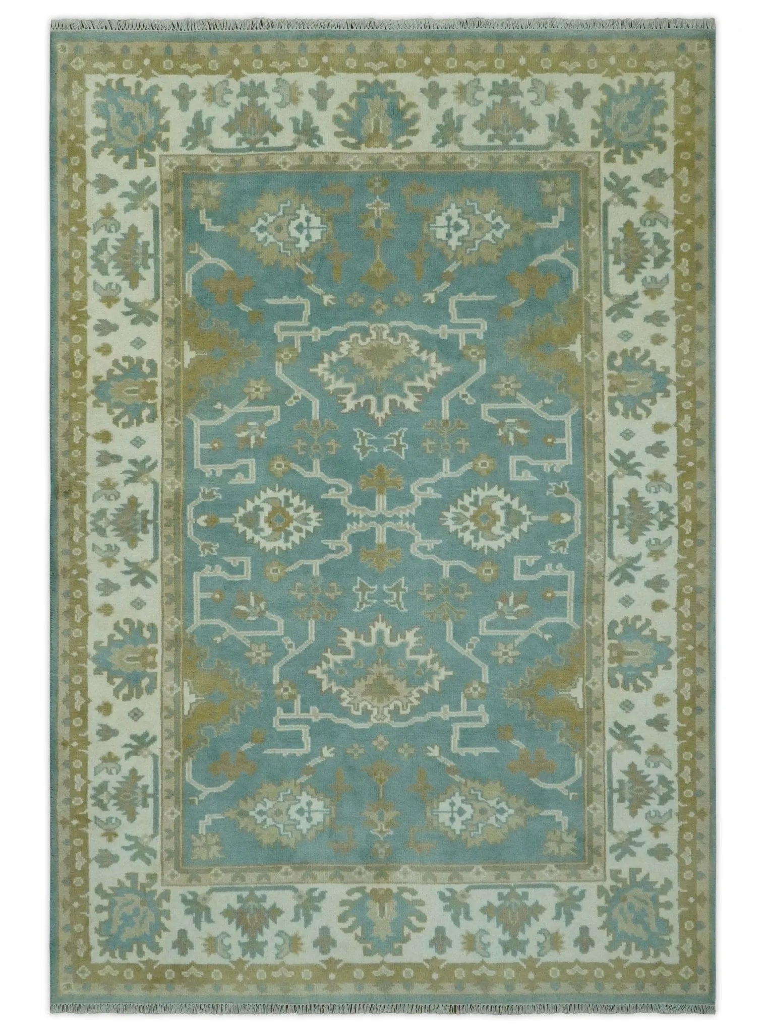 Custom Made Teal, Ivory and Olive Hand Knotted Traditional Oriental Oushak wool rug