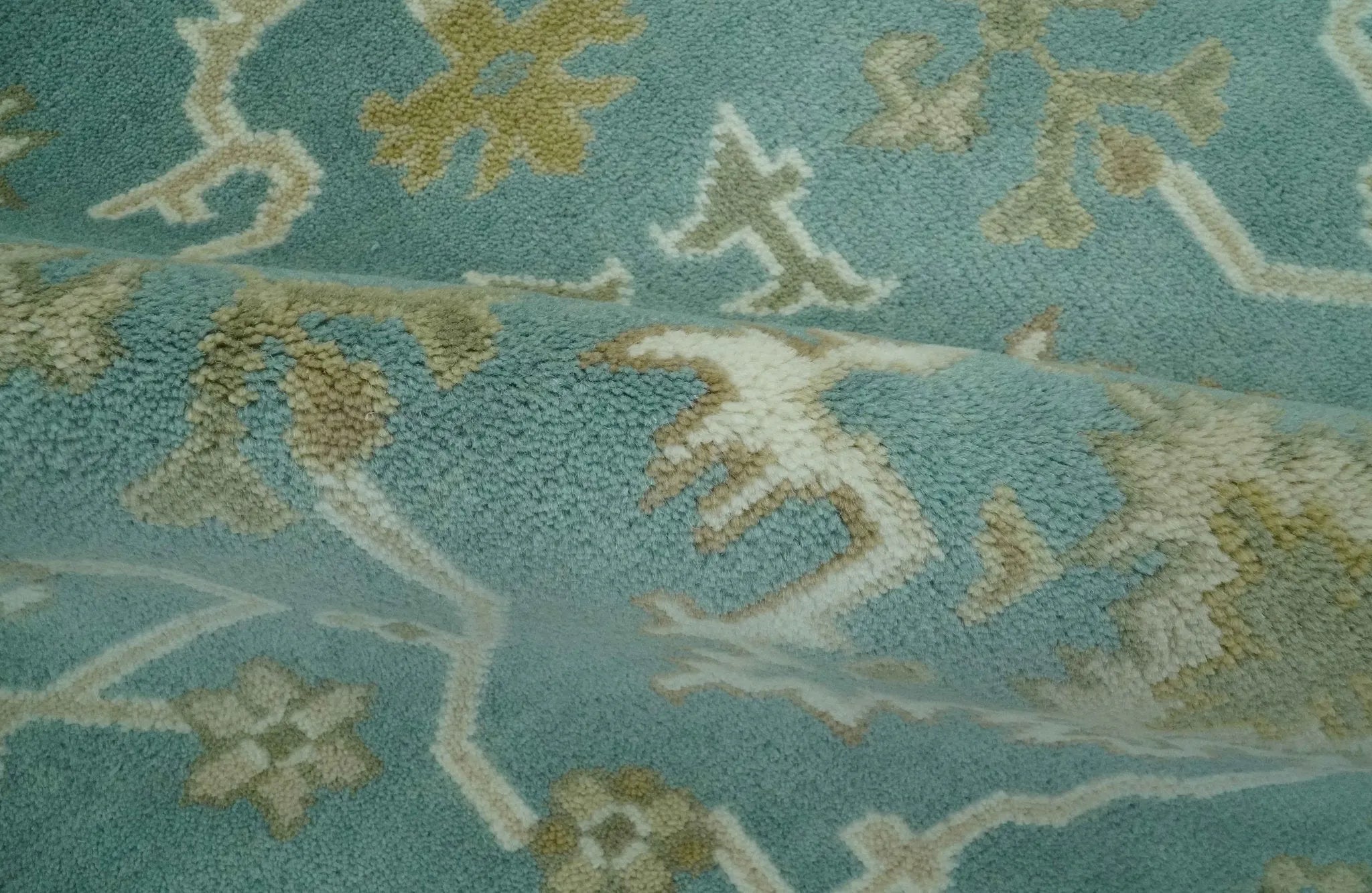 Custom Made Teal, Ivory and Olive Hand Knotted Traditional Oriental Oushak wool rug