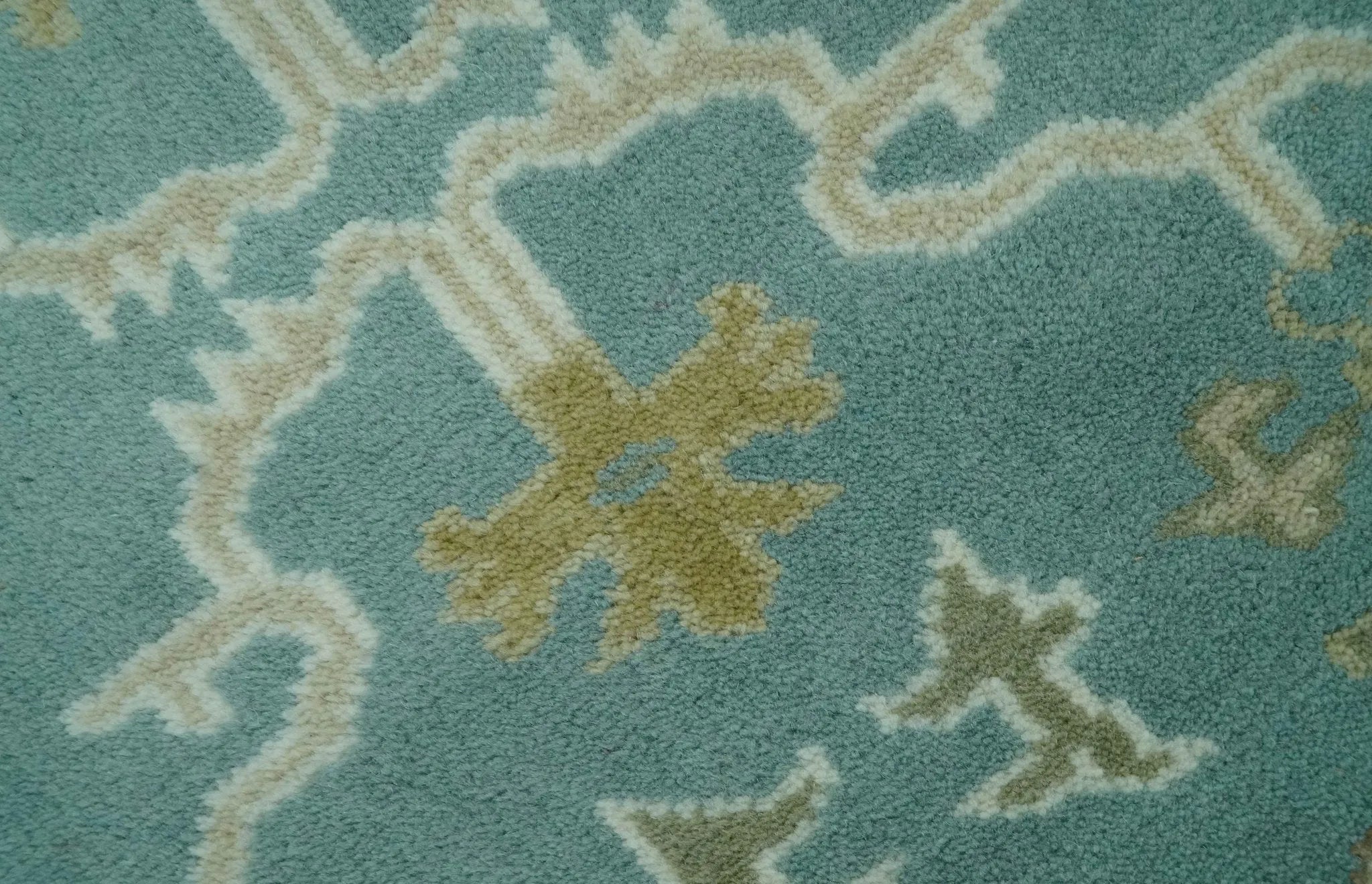 Custom Made Teal, Ivory and Olive Hand Knotted Traditional Oriental Oushak wool rug