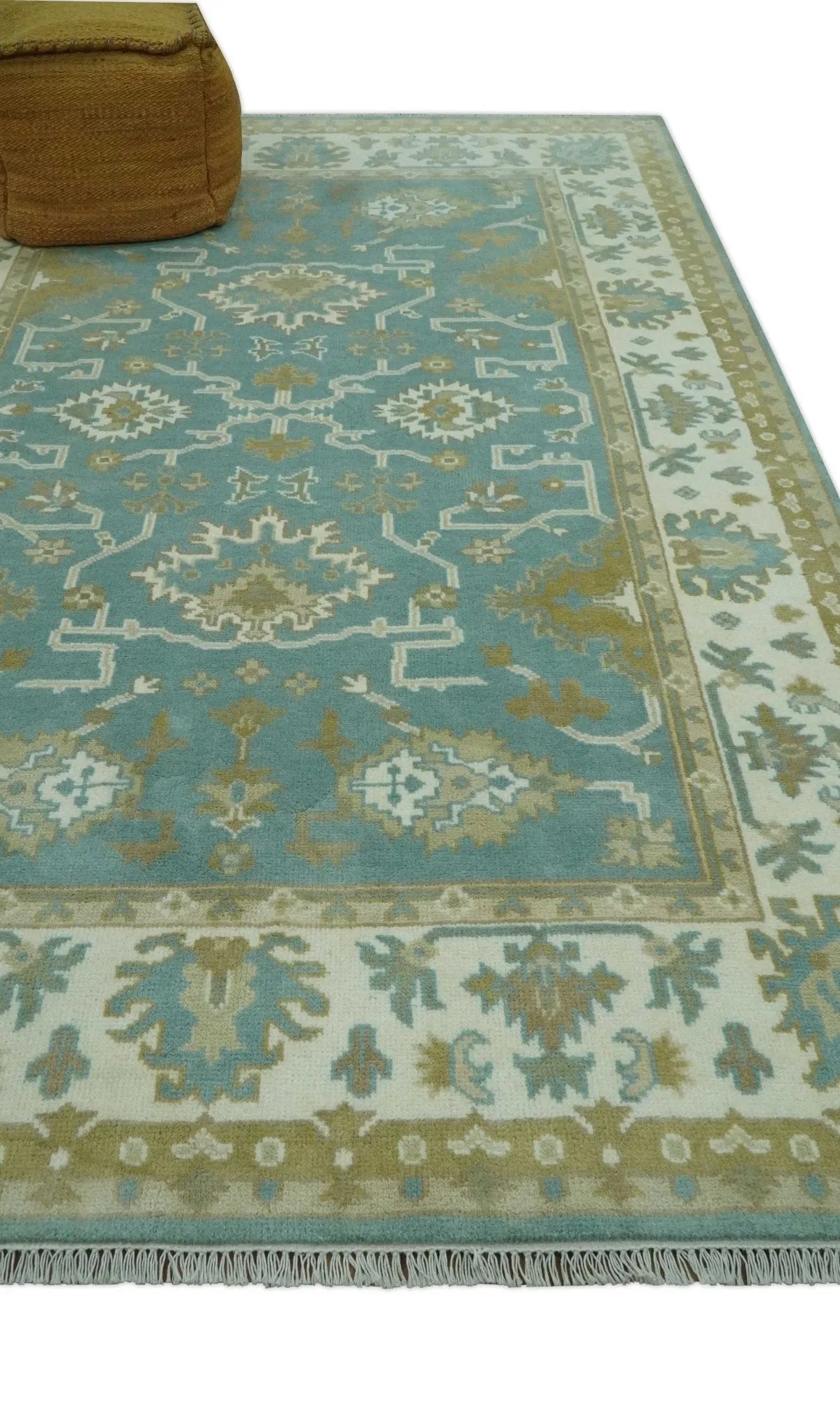 Custom Made Teal, Ivory and Olive Hand Knotted Traditional Oriental Oushak wool rug