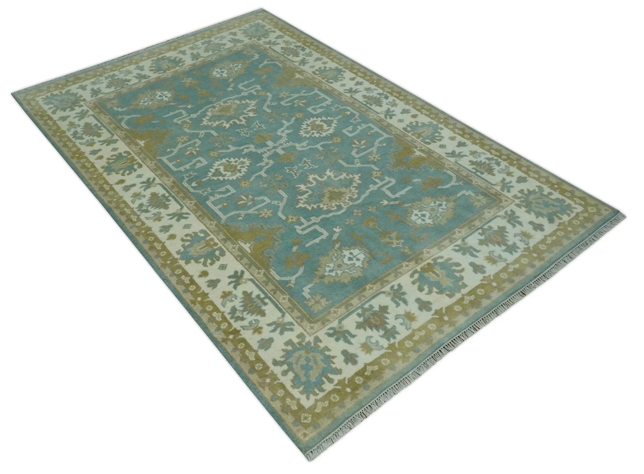 Custom Made Teal, Ivory and Olive Hand Knotted Traditional Oriental Oushak wool rug