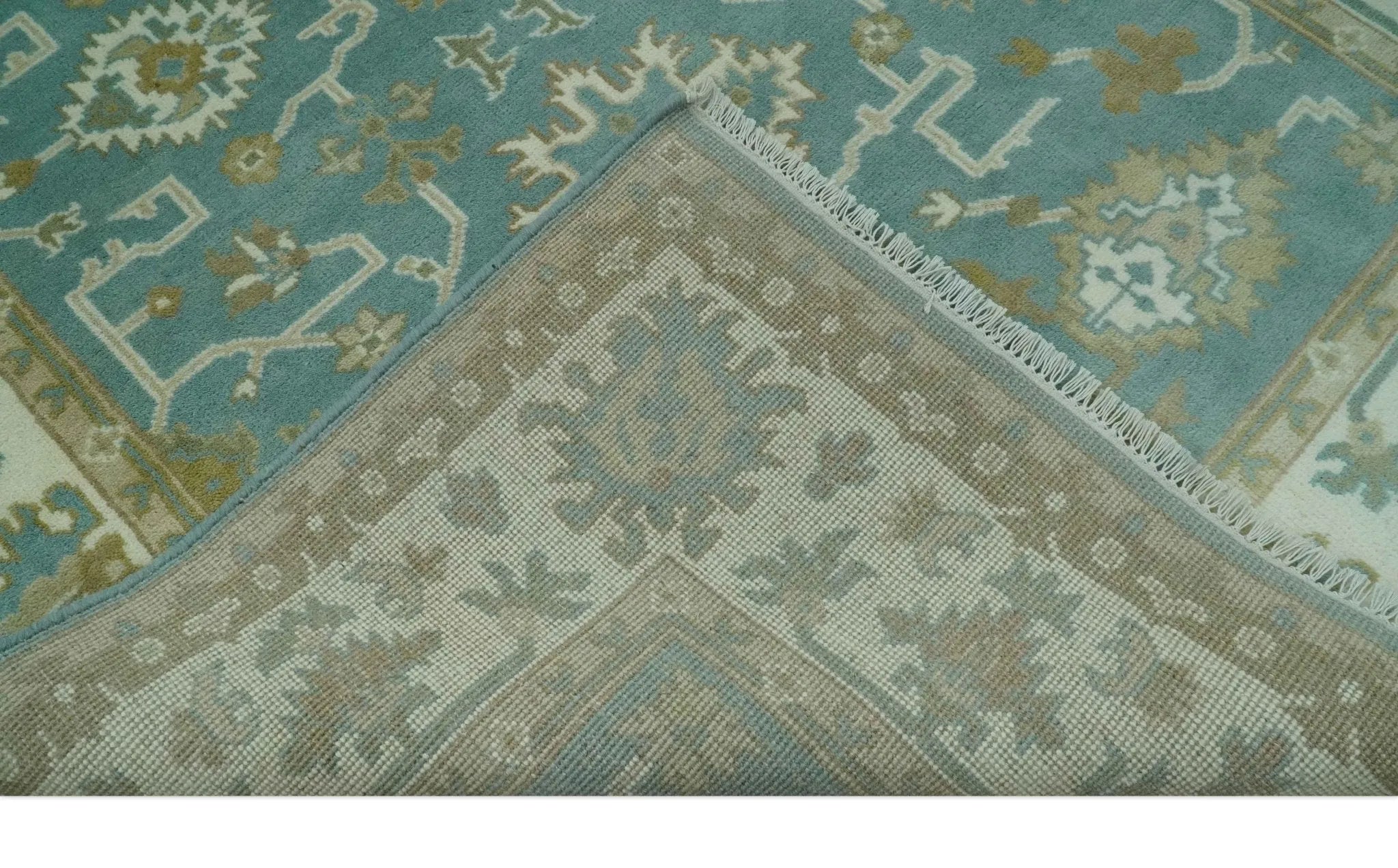 Custom Made Teal, Ivory and Olive Hand Knotted Traditional Oriental Oushak wool rug