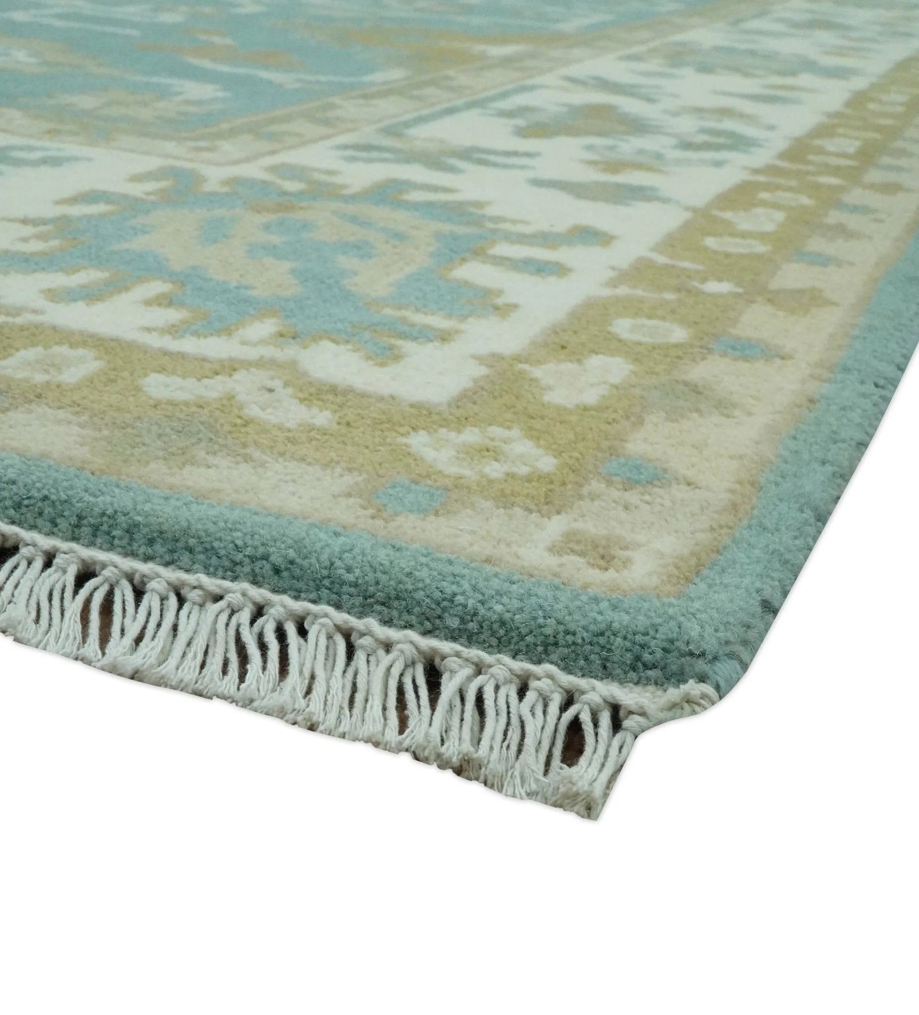 Custom Made Teal, Ivory and Olive Hand Knotted Traditional Oriental Oushak wool rug