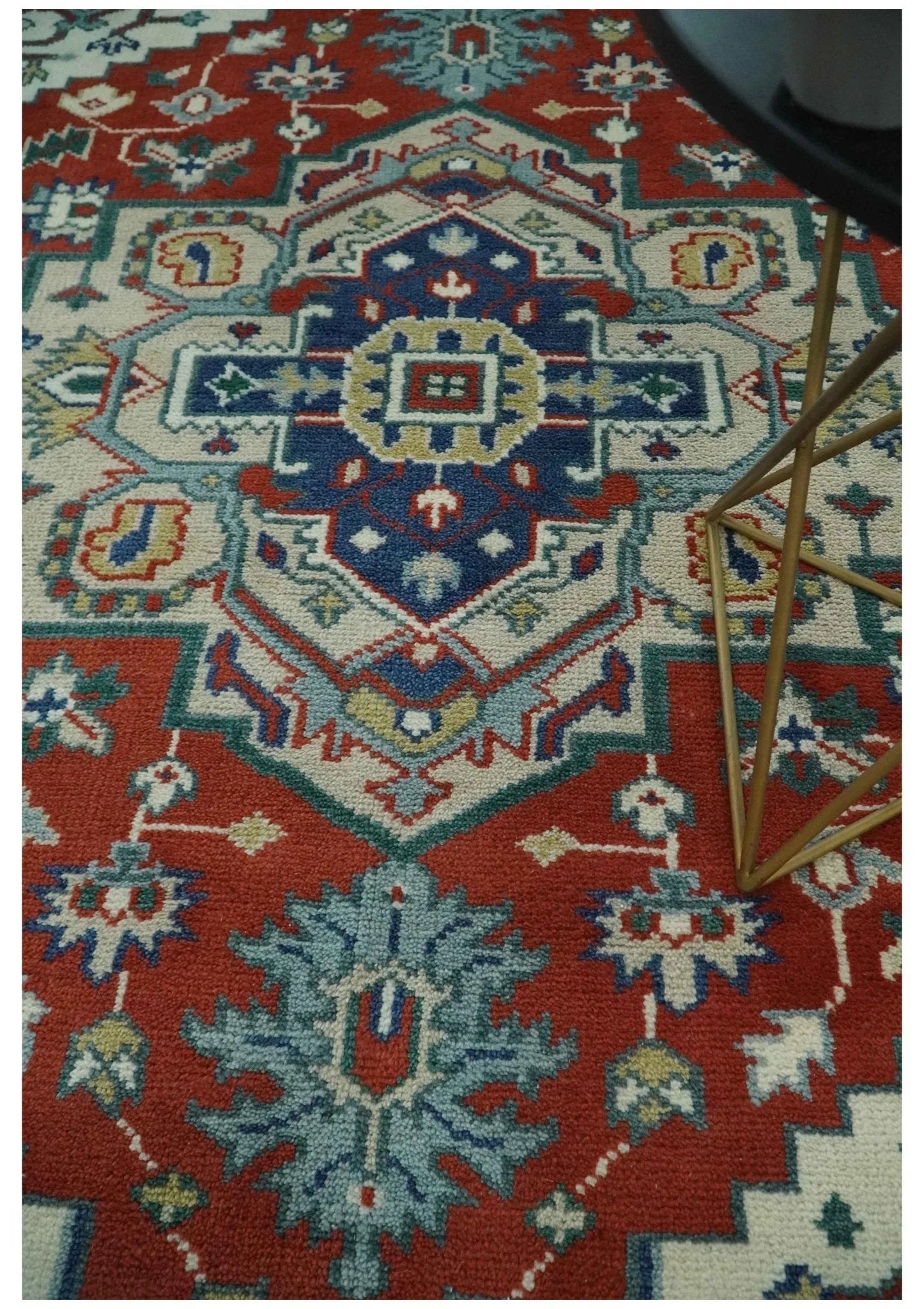 Custom Made Traditional Rust, Ivory and Blue Heriz Medallion Wool Area Rug