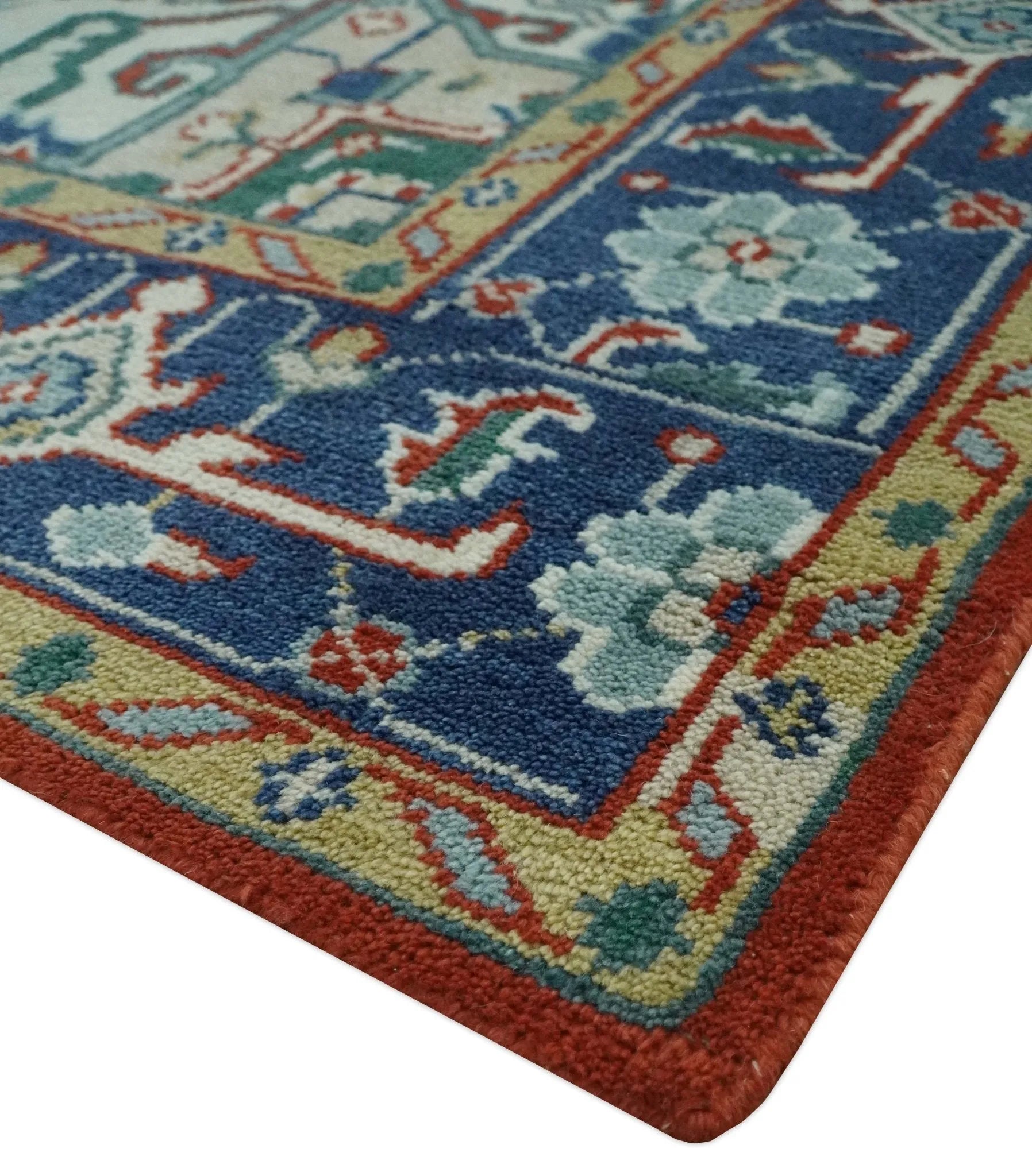 Custom Made Traditional Rust, Ivory and Blue Heriz Medallion Wool Area Rug