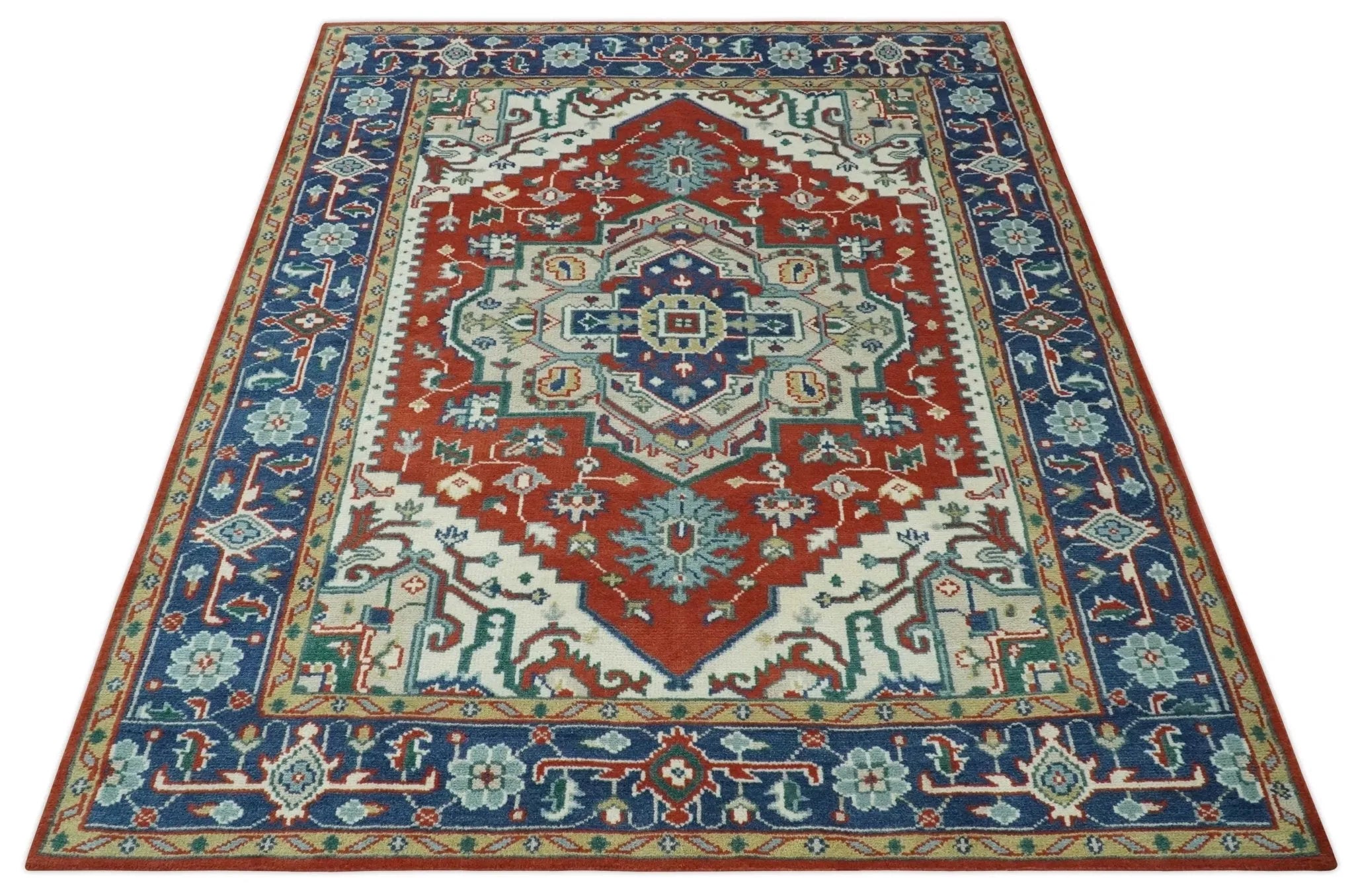 Custom Made Traditional Rust, Ivory and Blue Heriz Medallion Wool Area Rug