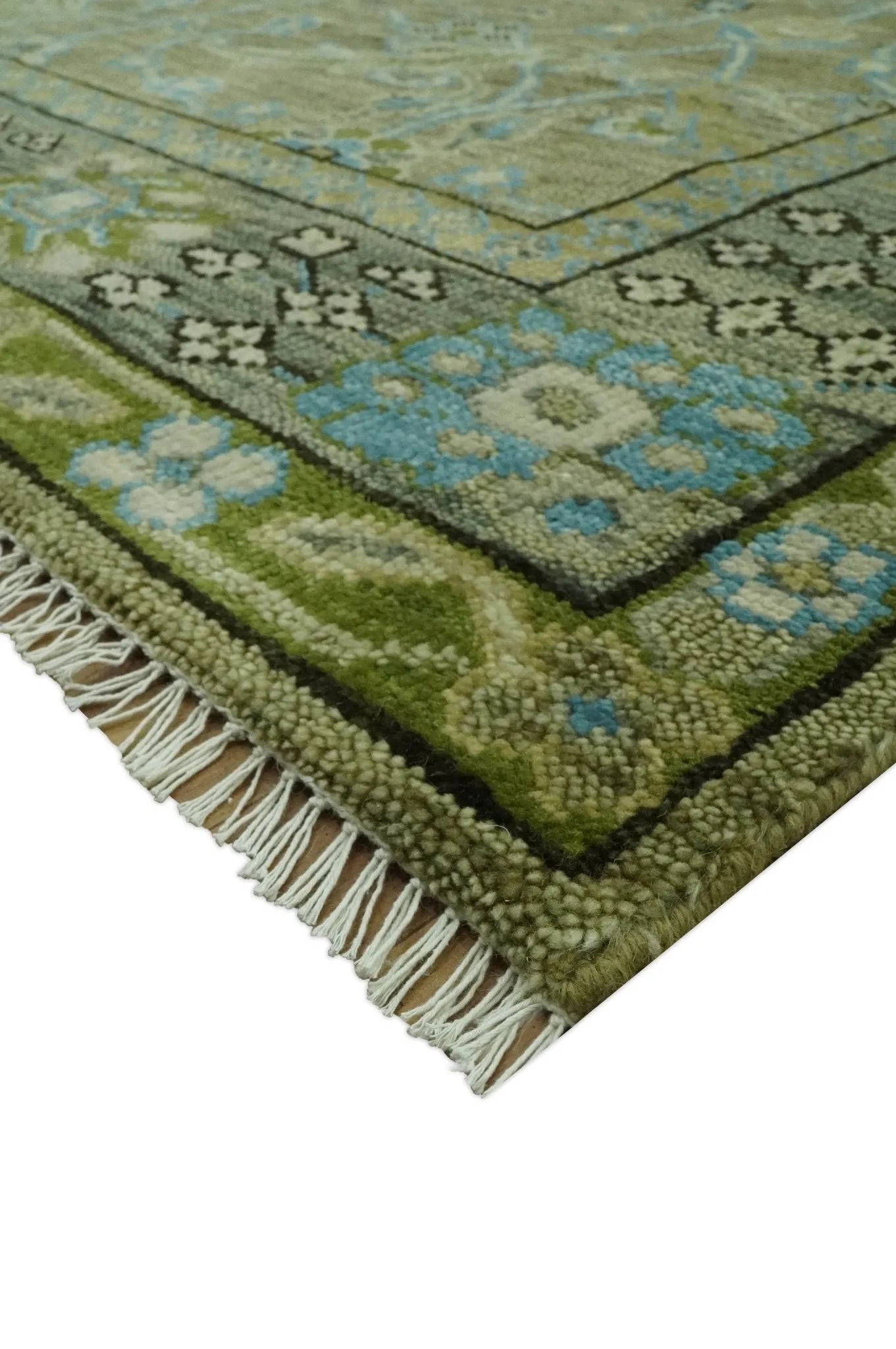 Custom Made Traditional Floral Green and Aqua Hand Knotted wool area rug