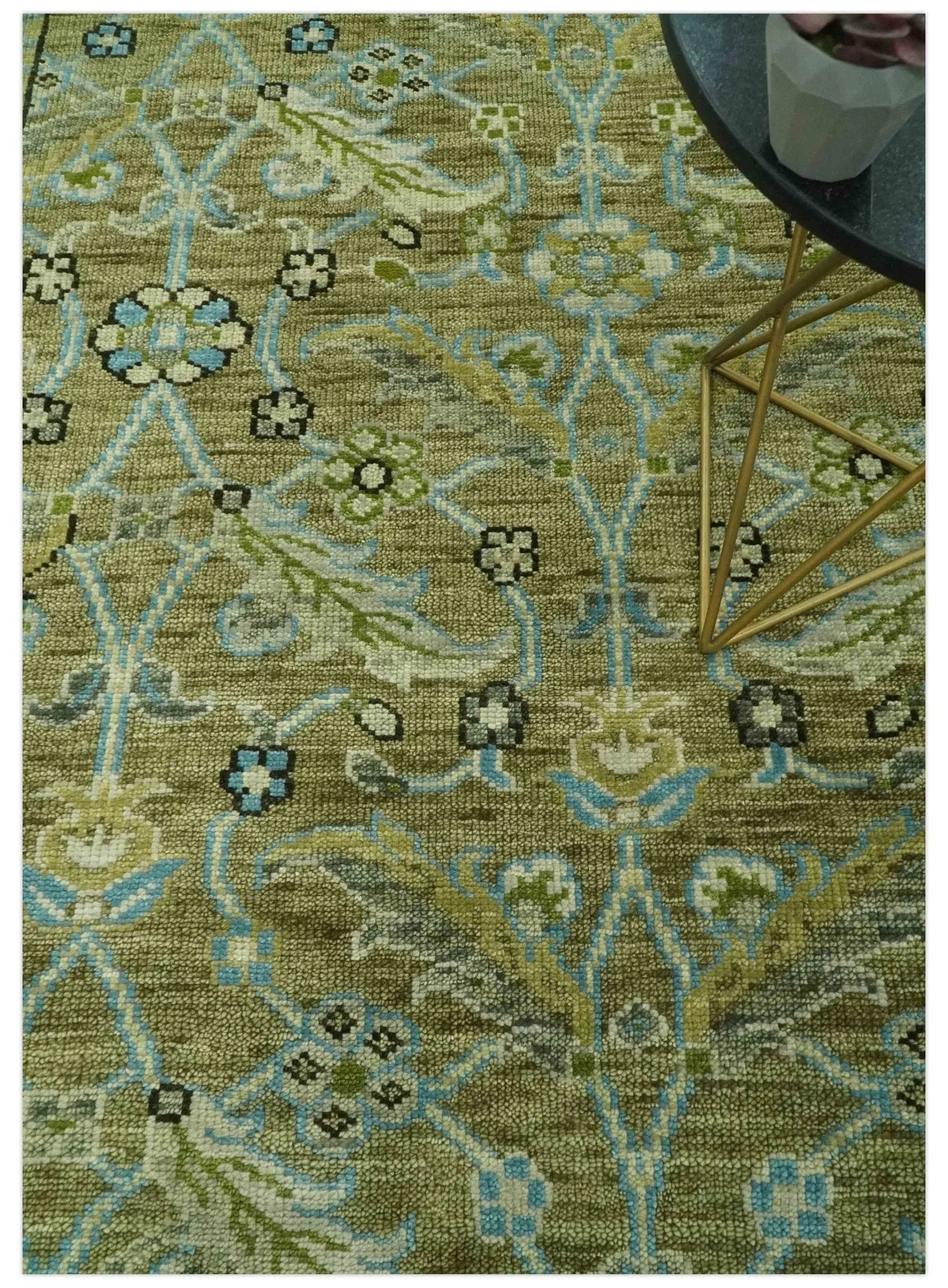 Custom Made Traditional Floral Green and Aqua Hand Knotted wool area rug