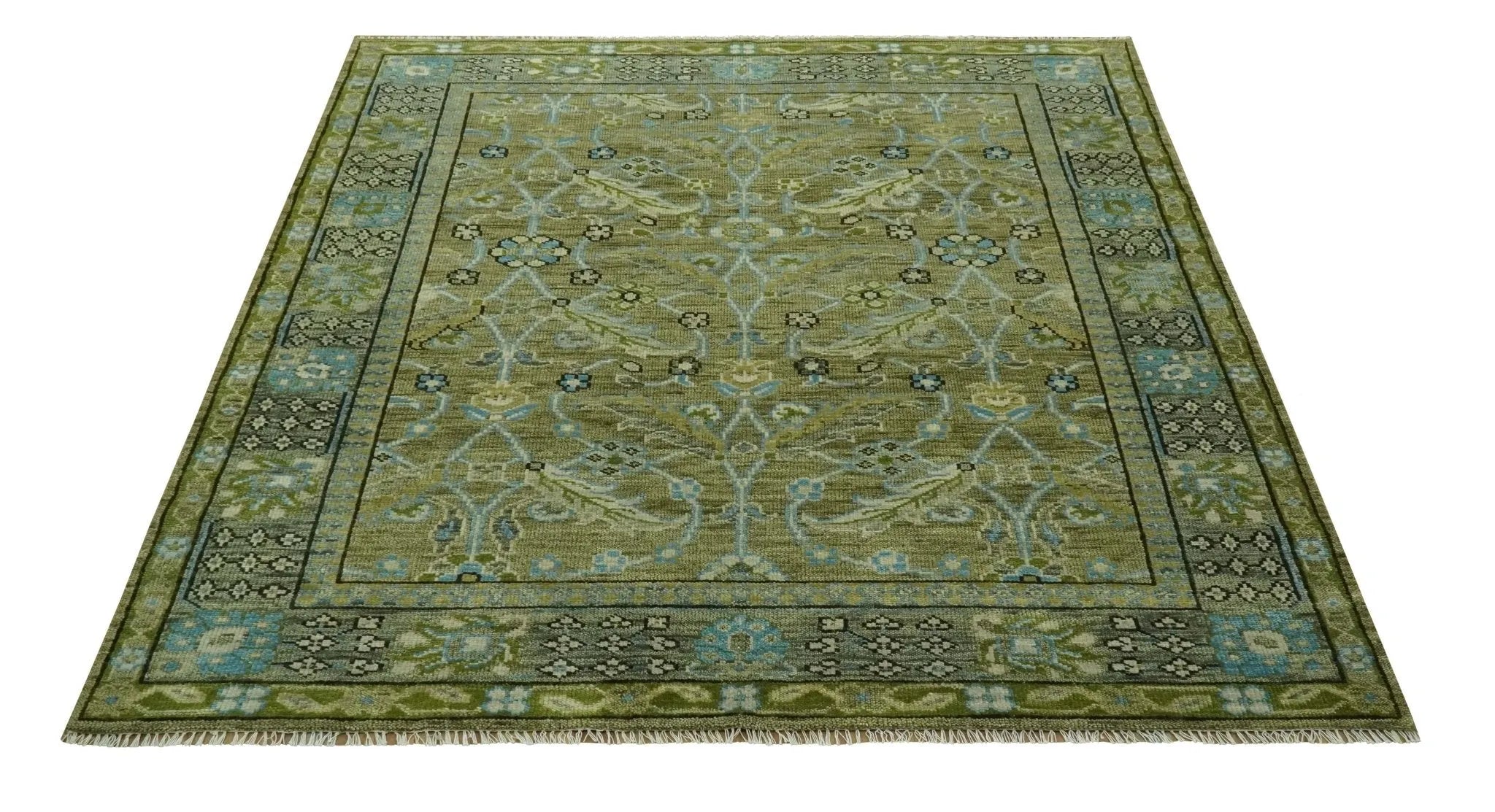 Custom Made Traditional Floral Green and Aqua Hand Knotted wool area rug