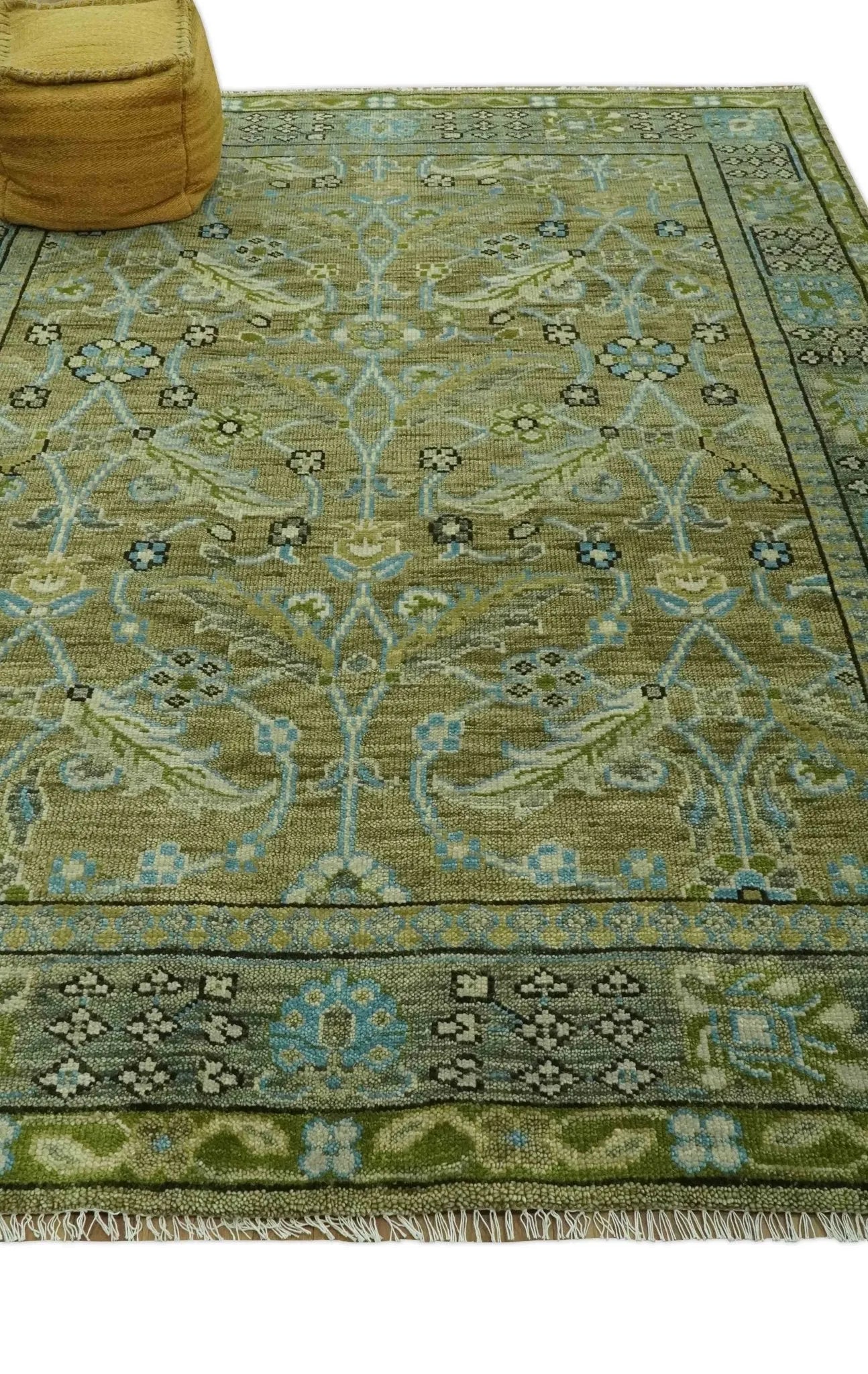 Custom Made Traditional Floral Green and Aqua Hand Knotted wool area rug