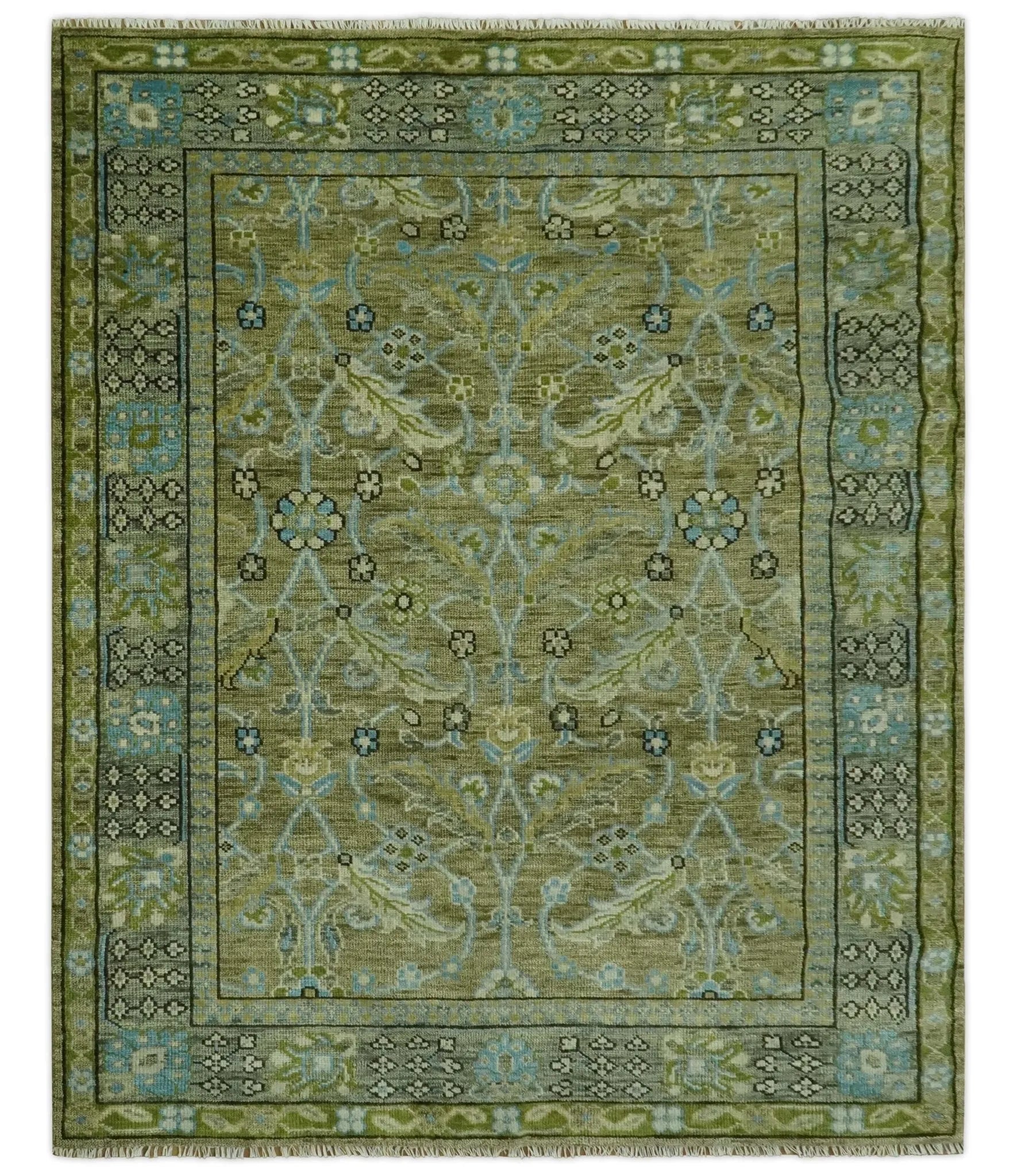 Custom Made Traditional Floral Green and Aqua Hand Knotted wool area rug