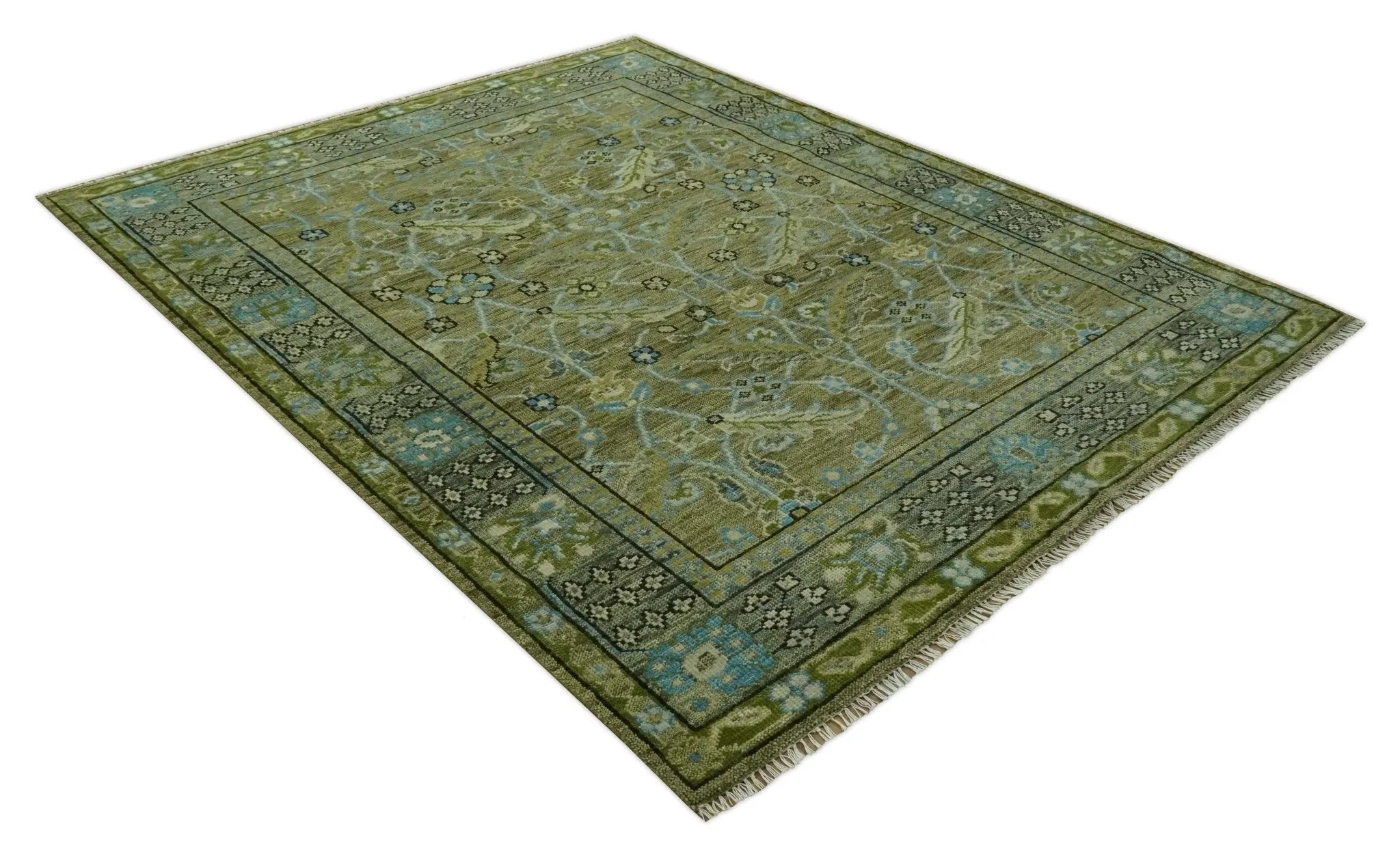 Custom Made Traditional Floral Green and Aqua Hand Knotted wool area rug