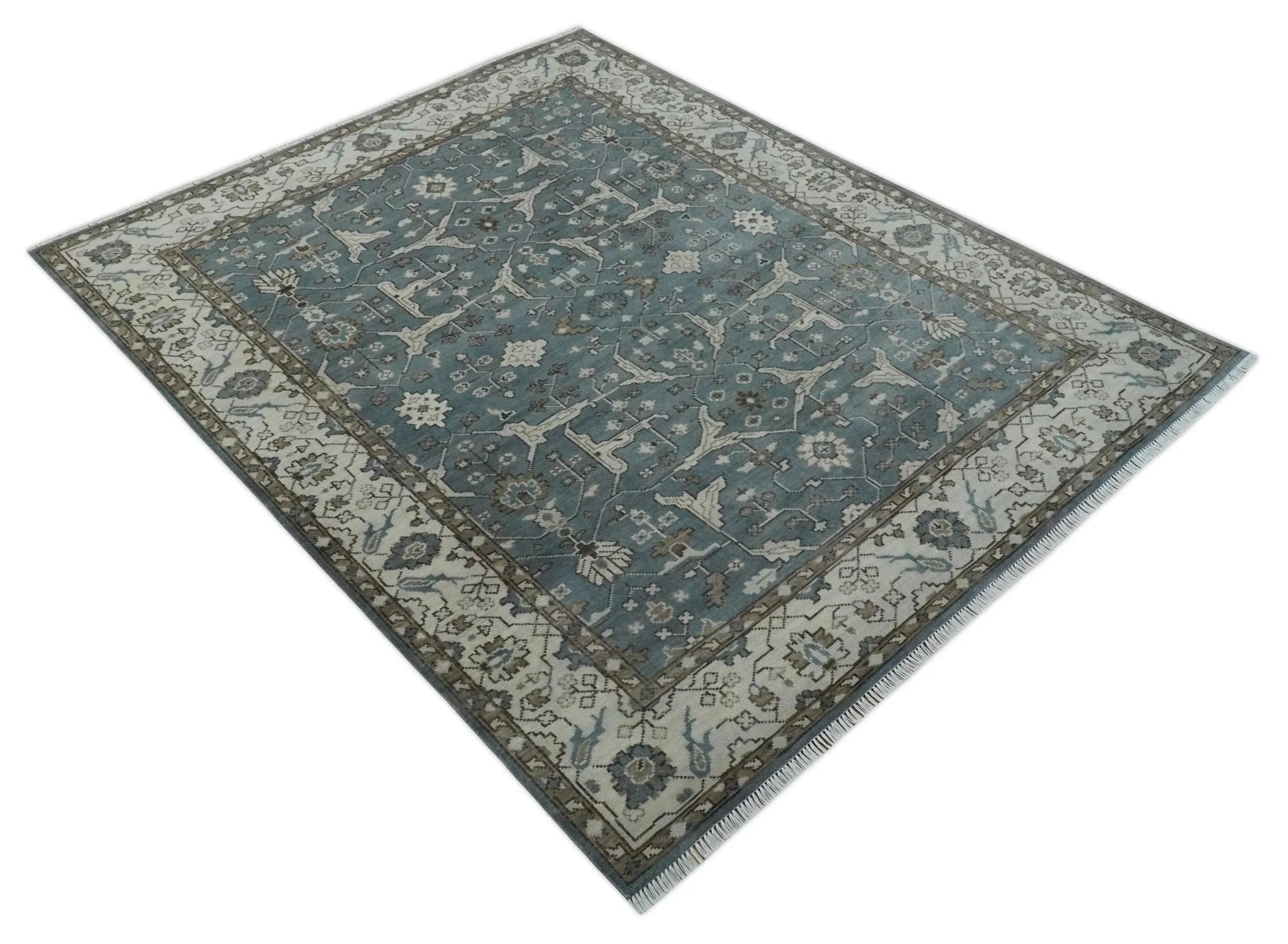 Custom Made Traditional Hand Knotted Blue, Ivory and Brown Oriental Oushak wool Area Rug