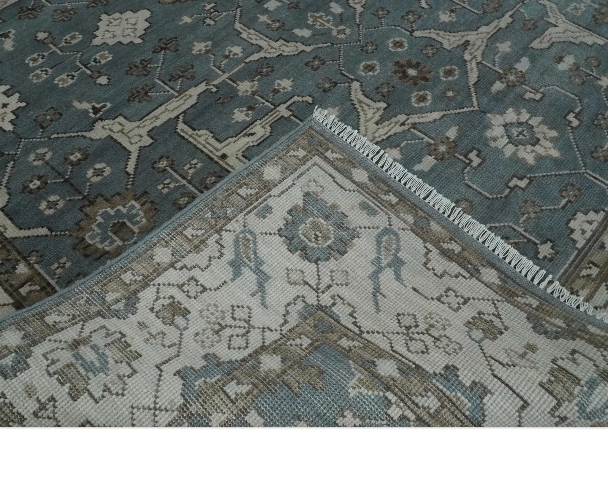 Custom Made Traditional Hand Knotted Blue, Ivory and Brown Oriental Oushak wool Area Rug