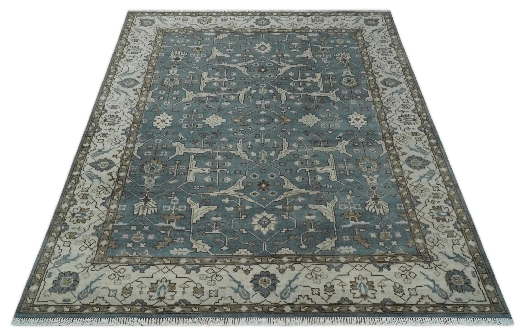 Custom Made Traditional Hand Knotted Blue, Ivory and Brown Oriental Oushak wool Area Rug