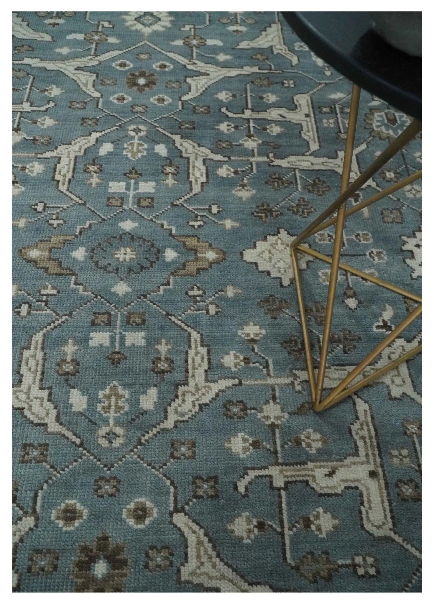 Custom Made Traditional Hand Knotted Blue, Ivory and Brown Oriental Oushak wool Area Rug