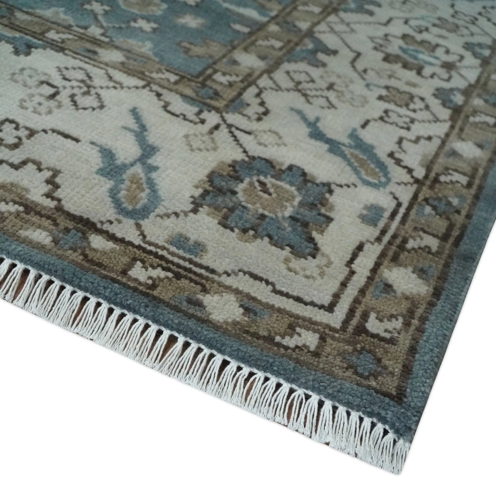 Custom Made Traditional Hand Knotted Blue, Ivory and Brown Oriental Oushak wool Area Rug